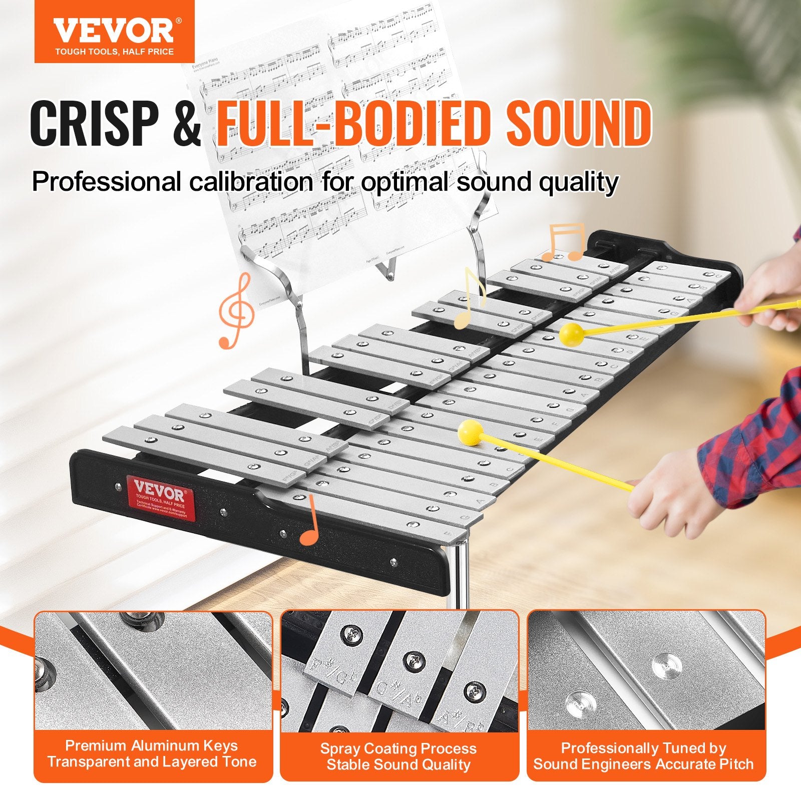 VEVOR 32 Note Glockenspiel Xylophone Bell Kit, Professional Percussion Instrument Set with Mallets, Drum Sticks, Music Stand, 8" Practice Pad, Adjustable Stand and Carrying Bag for Students & Adults