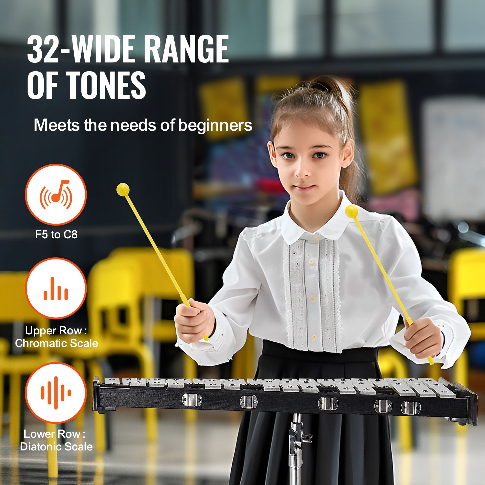 VEVOR 32 Note Glockenspiel Xylophone Bell Kit, Professional Percussion Instrument Set with Mallets, Drum Sticks, Music Stand, 8" Practice Pad, Adjustable Stand and Carrying Bag for Students & Adults