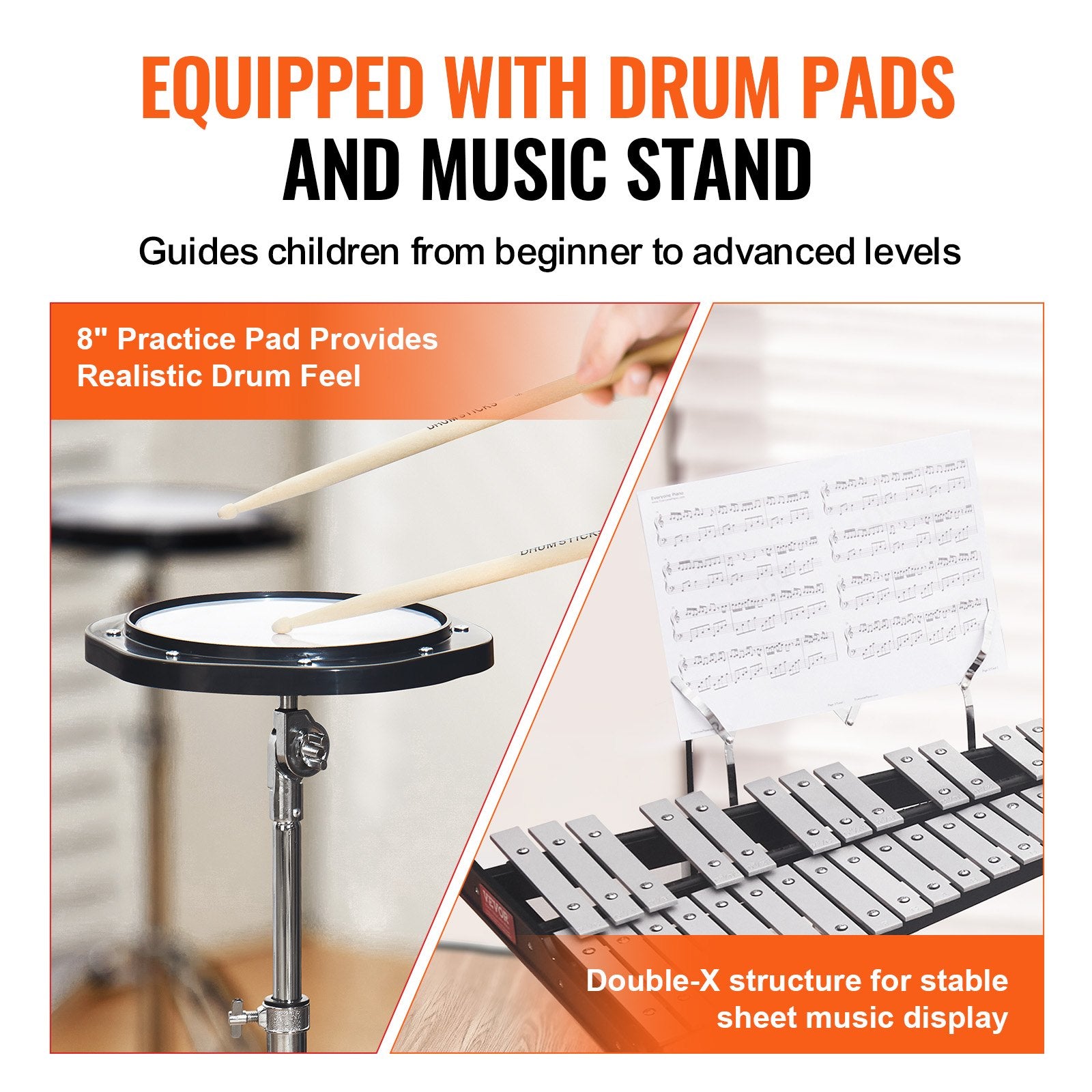 VEVOR 32 Note Glockenspiel Xylophone Bell Kit, Professional Percussion Instrument Set with Mallets, Drum Sticks, Music Stand, 8" Practice Pad, Adjustable Stand and Carrying Bag for Students & Adults