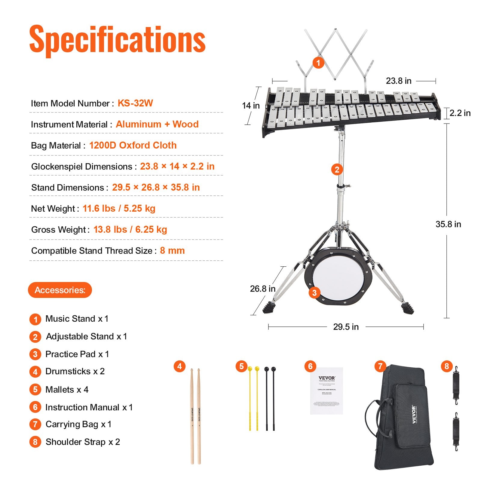 VEVOR 32 Note Glockenspiel Xylophone Bell Kit, Professional Percussion Instrument Set with Mallets, Drum Sticks, Music Stand, 8" Practice Pad, Adjustable Stand and Carrying Bag for Students & Adults