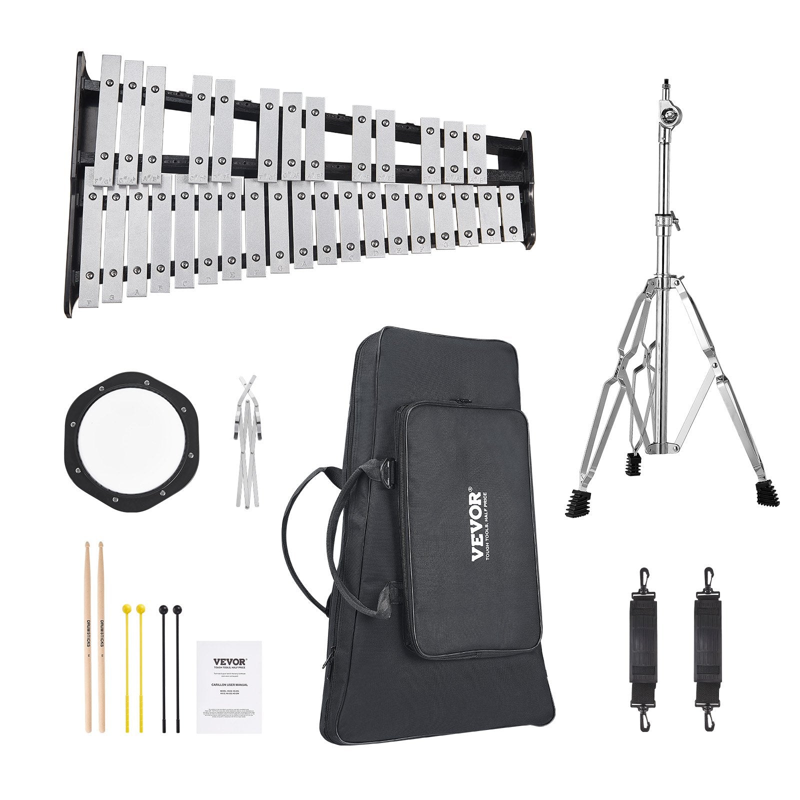 VEVOR 32 Note Glockenspiel Xylophone Bell Kit, Professional Percussion Instrument Set with Mallets, Drum Sticks, Music Stand, 8" Practice Pad, Adjustable Stand and Carrying Bag for Students & Adults