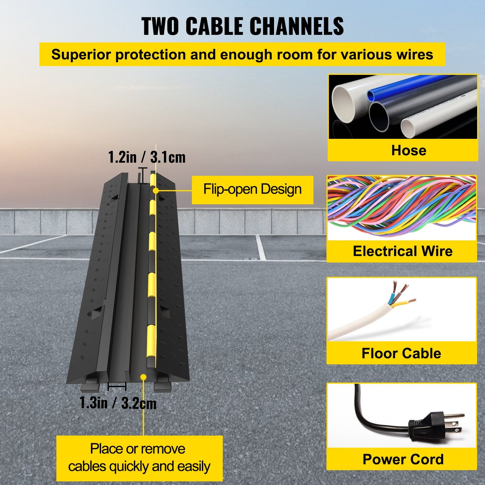 VEVOR 3 Pcs 2-Cable Rubber Electrical Wire Cover Cord Protector Ramp 11000 lbs