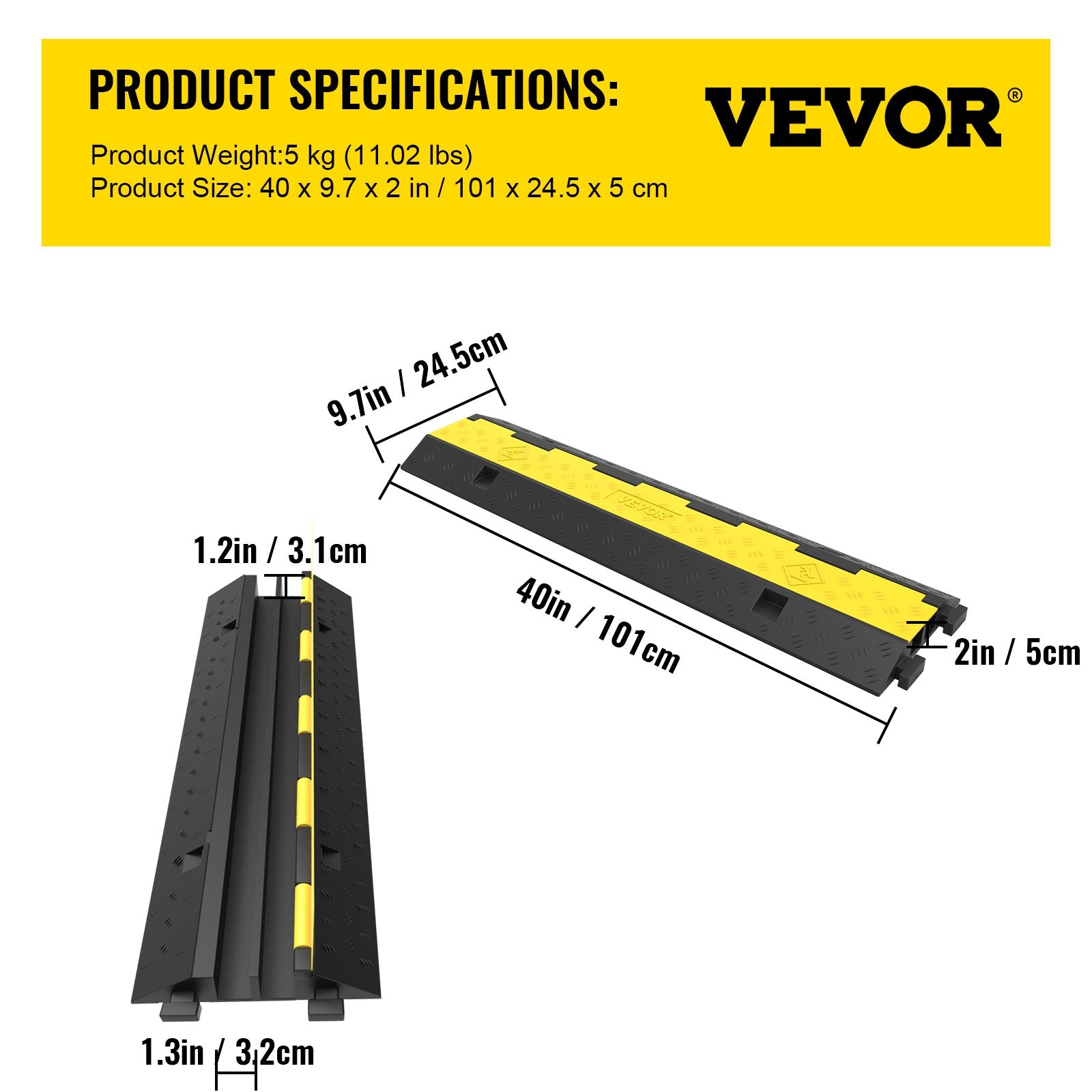 VEVOR 3 Pcs 2-Cable Rubber Electrical Wire Cover Cord Protector Ramp 11000 lbs