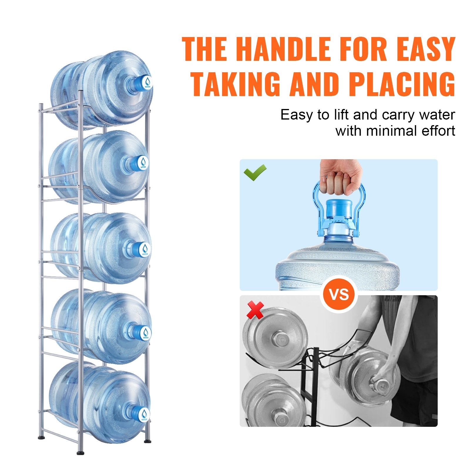 VEVOR 5 Tiers Water Jug Holder, 5 Gallon Water Bottle Holder, Single Row Water Bottle Rack for 5 Bottles, Heavy Duty Water Jug Rack for Kitchen, Office, Living Room, Silver
