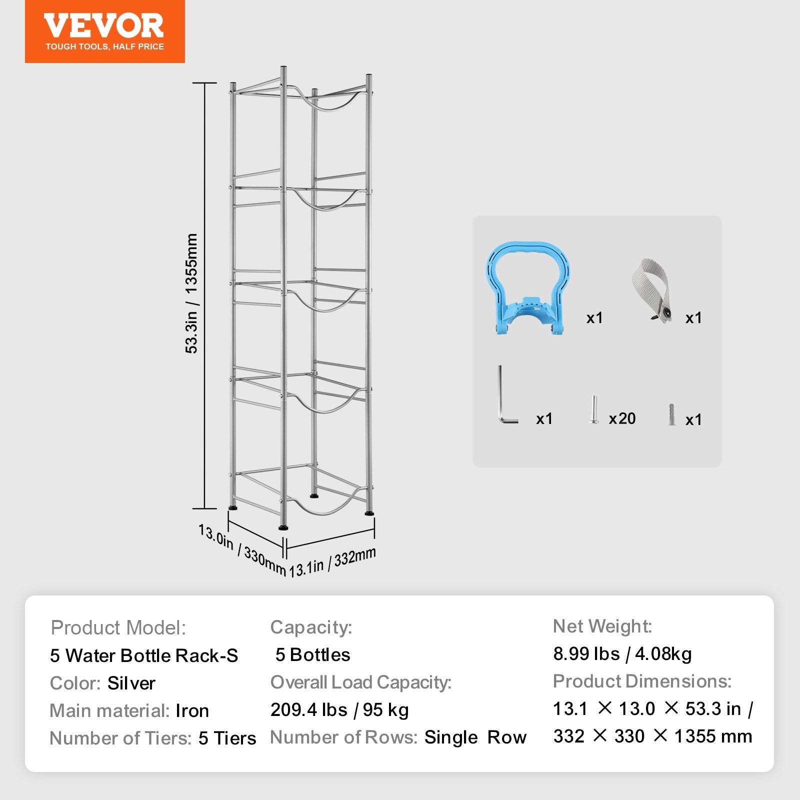 VEVOR 5 Tiers Water Jug Holder, 5 Gallon Water Bottle Holder, Single Row Water Bottle Rack for 5 Bottles, Heavy Duty Water Jug Rack for Kitchen, Office, Living Room, Silver