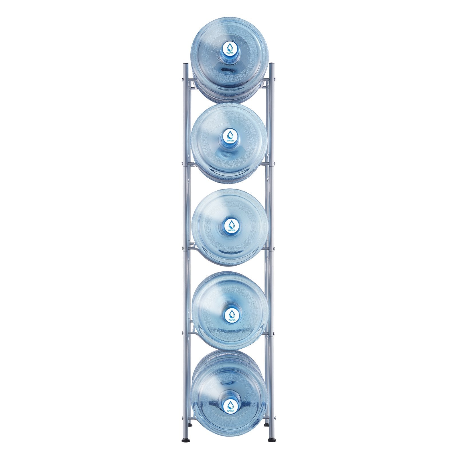 VEVOR 5 Tiers Water Jug Holder, 5 Gallon Water Bottle Holder, Single Row Water Bottle Rack for 5 Bottles, Heavy Duty Water Jug Rack for Kitchen, Office, Living Room, Silver