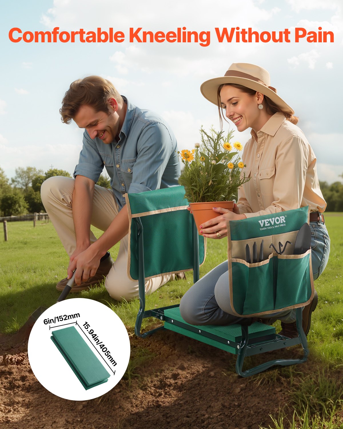 VEVOR Garden Kneeler and Seat, 6 in Wide Kneeling Pad, Heavy Duty Garden Kneeling Stool, Folding Garden Seat with 2 Tool Bags, Relieve Knee & Back Pain, Portable Garden Bench for Women Grandparents
