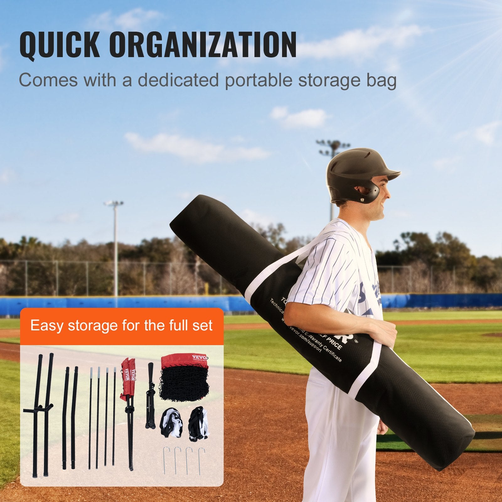 VEVOR 7x7 ft Baseball Softball Practice Net, Portable Baseball Training Net for Hitting Catching Pitching, Backstop Equipment with Bow Frame, Carry Bag, Strike Zone, 12 Balls, Tee, and Ball Collector