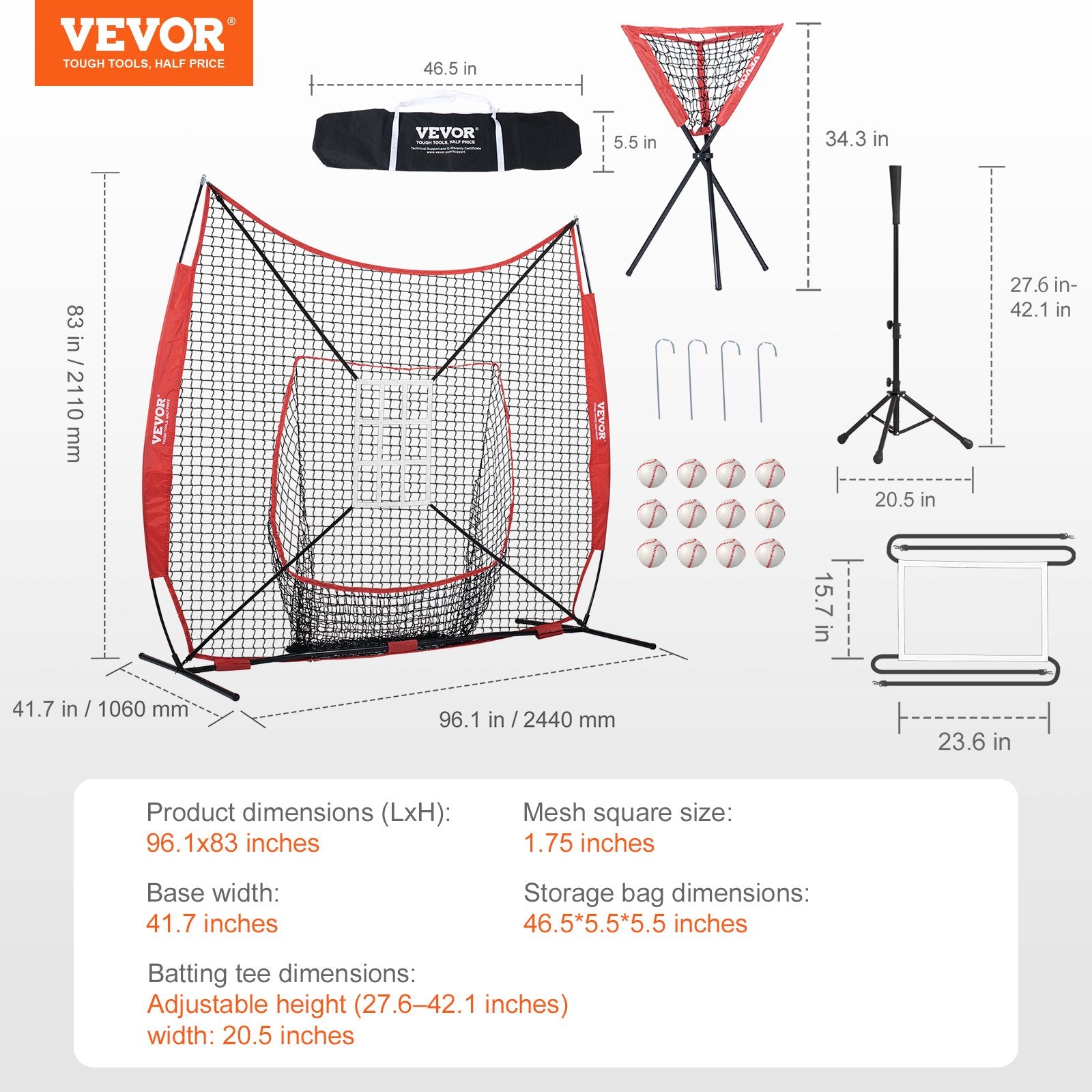 VEVOR 7x7 ft Baseball Softball Practice Net, Portable Baseball Training Net for Hitting Catching Pitching, Backstop Equipment with Bow Frame, Carry Bag, Strike Zone, 12 Balls, Tee, and Ball Collector