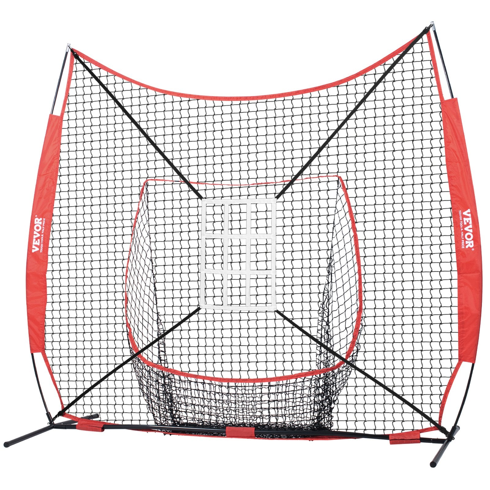 VEVOR 7x7 ft Baseball Softball Practice Net, Portable Baseball Training Net for Hitting Catching Pitching, Backstop Equipment with Bow Frame, Carry Bag, Strike Zone, 12 Balls, Tee, and Ball Collector
