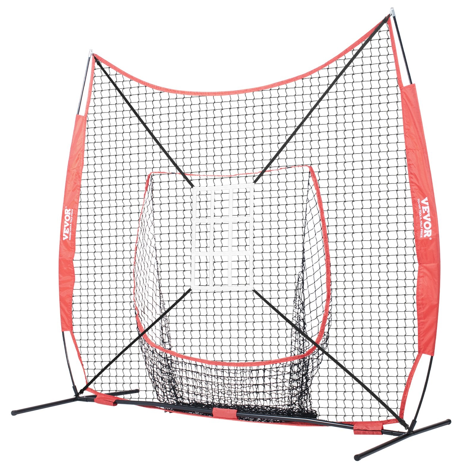 VEVOR 7x7 ft Baseball Softball Practice Net, Portable Baseball Training Net for Hitting Catching Pitching, Backstop Equipment with Bow Frame, Carry Bag, Strike Zone, 12 Balls, Tee, and Ball Collector