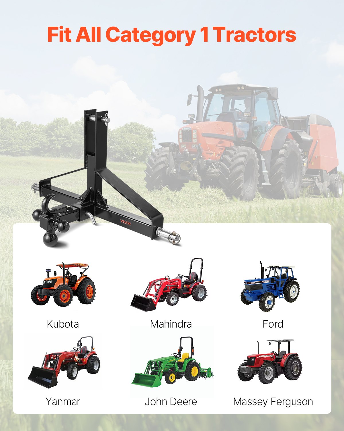 VEVOR 3 Point Trailer Hitch with 2 in Receiver, 3pt Quick Hitch Attachment, Heavy Duty Tractor Tow Drawbar Adapter, Compatible with Kubota, Mahindra, Ford, Yanmar, John Deere, Massey Ferguson