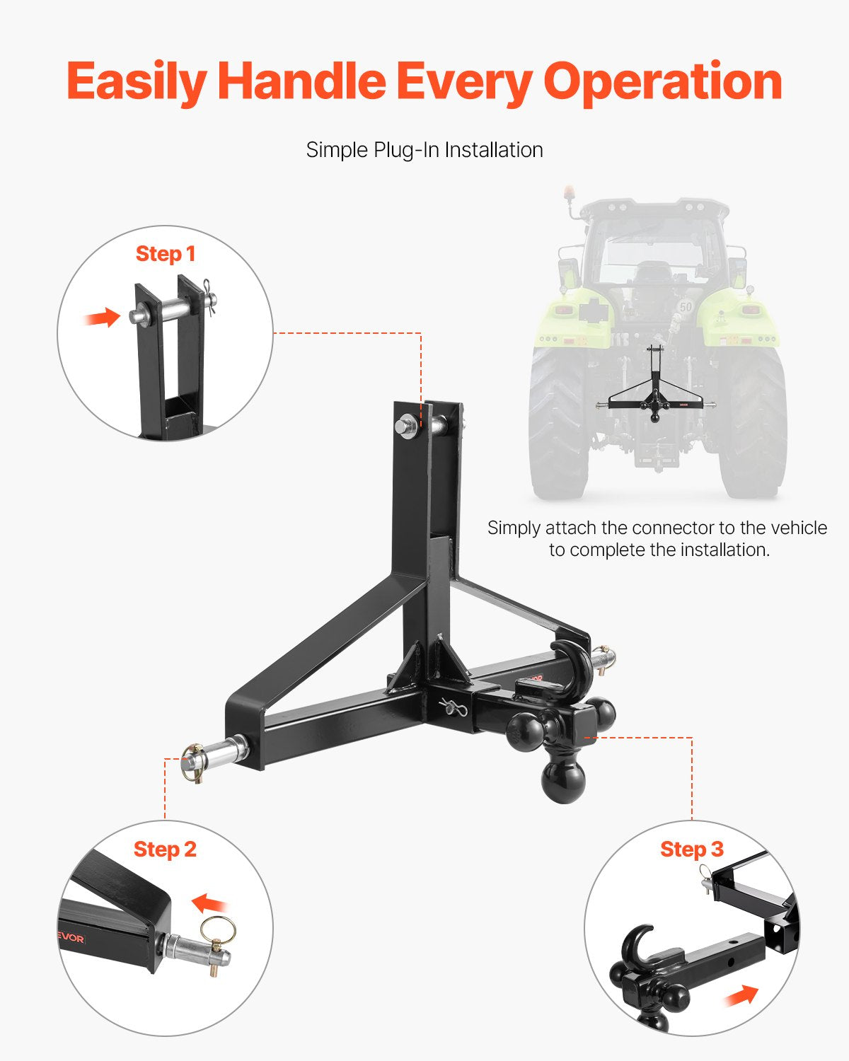 VEVOR 3 Point Trailer Hitch with 2 in Receiver, 3pt Quick Hitch Attachment, Heavy Duty Tractor Tow Drawbar Adapter, Compatible with Kubota, Mahindra, Ford, Yanmar, John Deere, Massey Ferguson