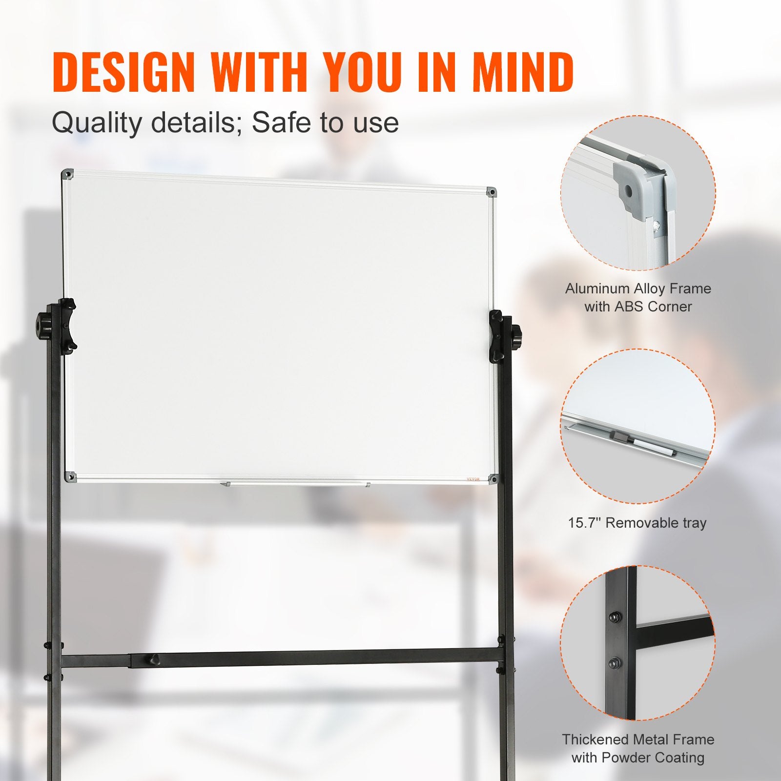VEVOR 91.5x61cm Rolling Magnetic Whiteboard, Double-sided Mobile Whiteboard, Adjustable Height Dry Erase Board with Wheels, 1 Magnetic Erase & 3 Dry Erase Markers & Movable Tray Office, School