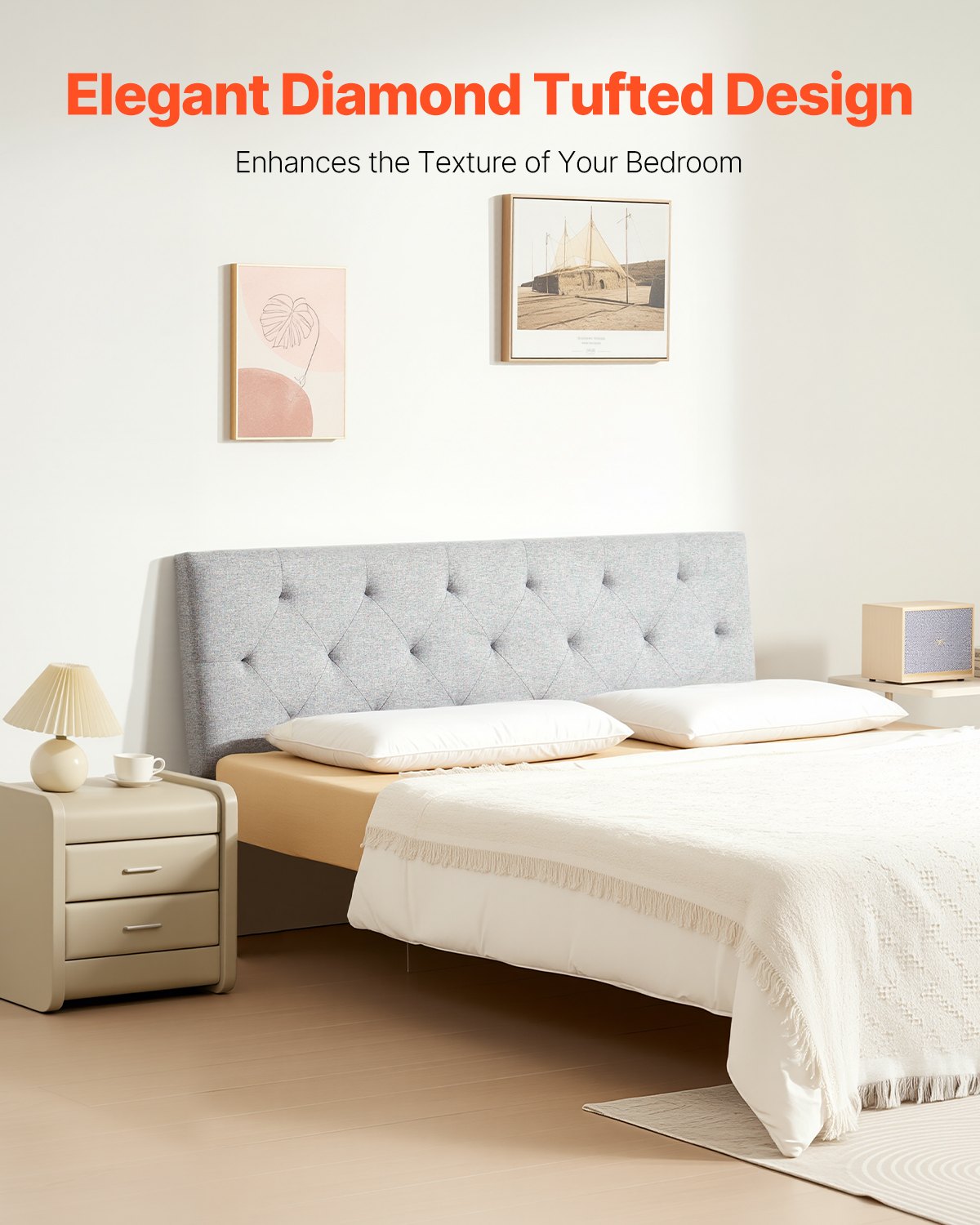 VEVOR Headboard, Full Size Headboard with Adjustable Height, Comfortable Diamond Tufted for Full Size Bed, W 56.3 x H 35.6-47.4 inches, Ideal for Bedroom, Hotel, Homestay, Dormitory, Light Grey