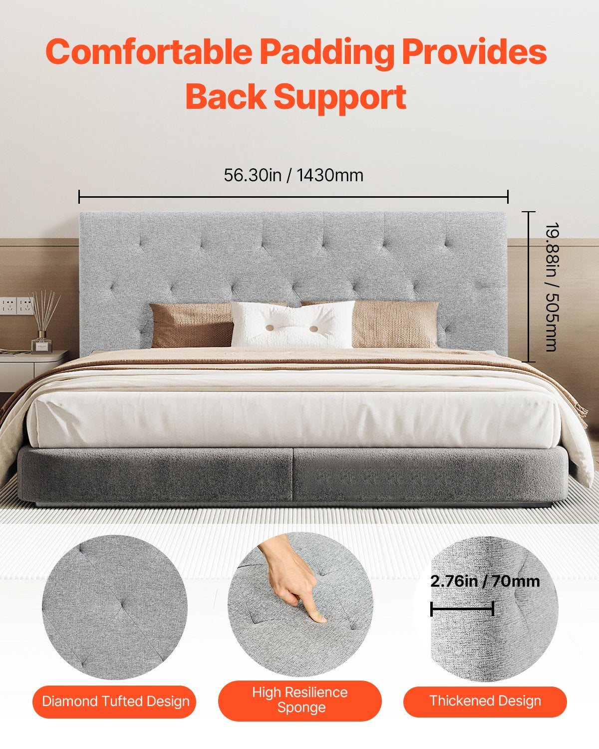 VEVOR Headboard, Full Size Headboard with Adjustable Height, Comfortable Diamond Tufted for Full Size Bed, W 56.3 x H 35.6-47.4 inches, Ideal for Bedroom, Hotel, Homestay, Dormitory, Light Grey