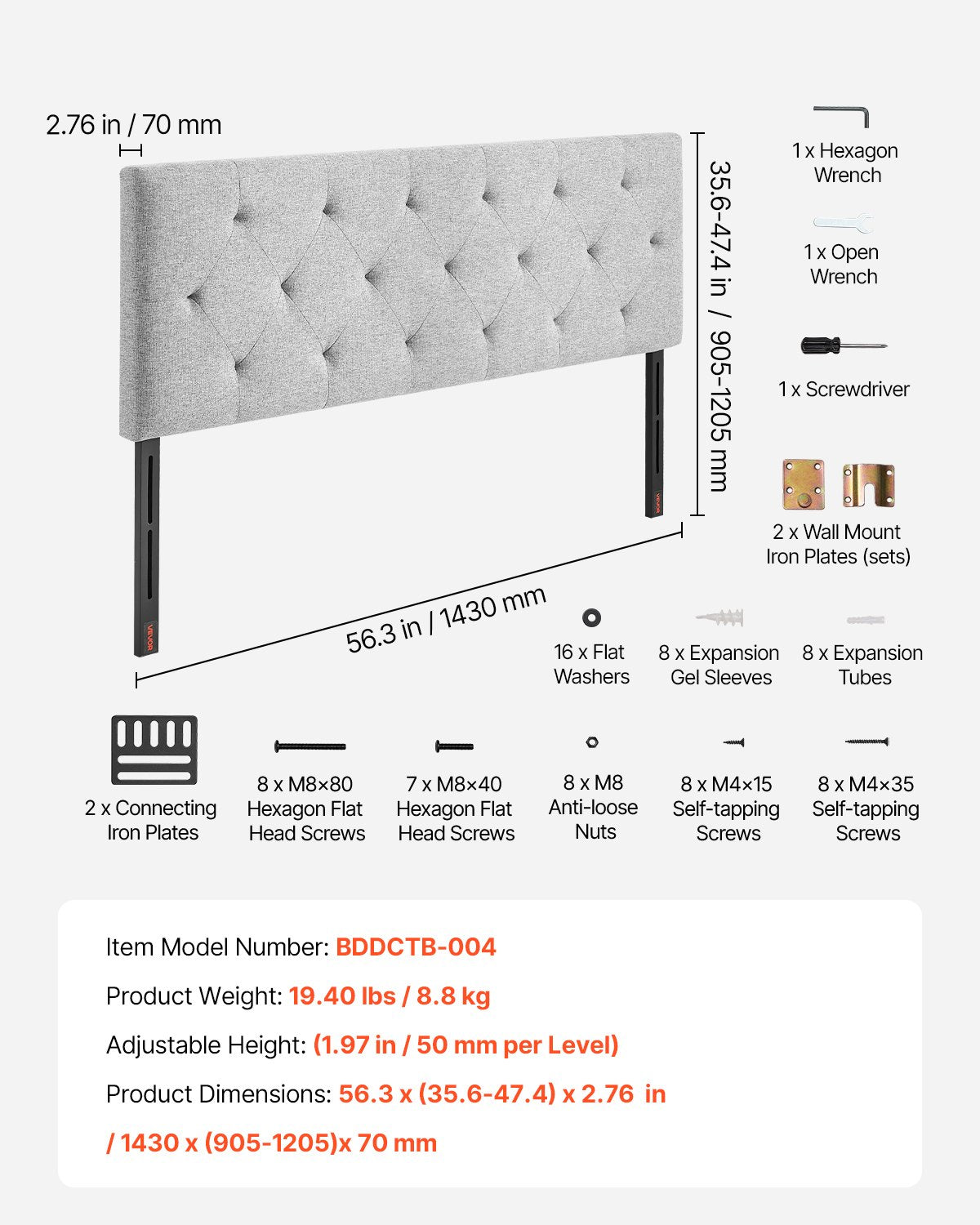 VEVOR Headboard, Full Size Headboard with Adjustable Height, Comfortable Diamond Tufted for Full Size Bed, W 56.3 x H 35.6-47.4 inches, Ideal for Bedroom, Hotel, Homestay, Dormitory, Light Grey