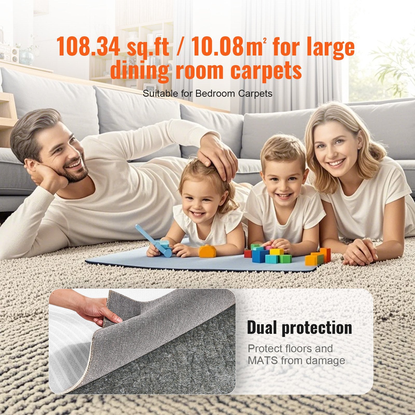 VEVOR Rug Pad Without Slip Resistance, Protective Cushioning Carpet Pad, 9' x 12', 1/4"Thick, 100% Pure Polyester Felt, 10-11㎡ Premium Comfort Underfoot Carpet Padding Rug Cushion for All Floors, Gray