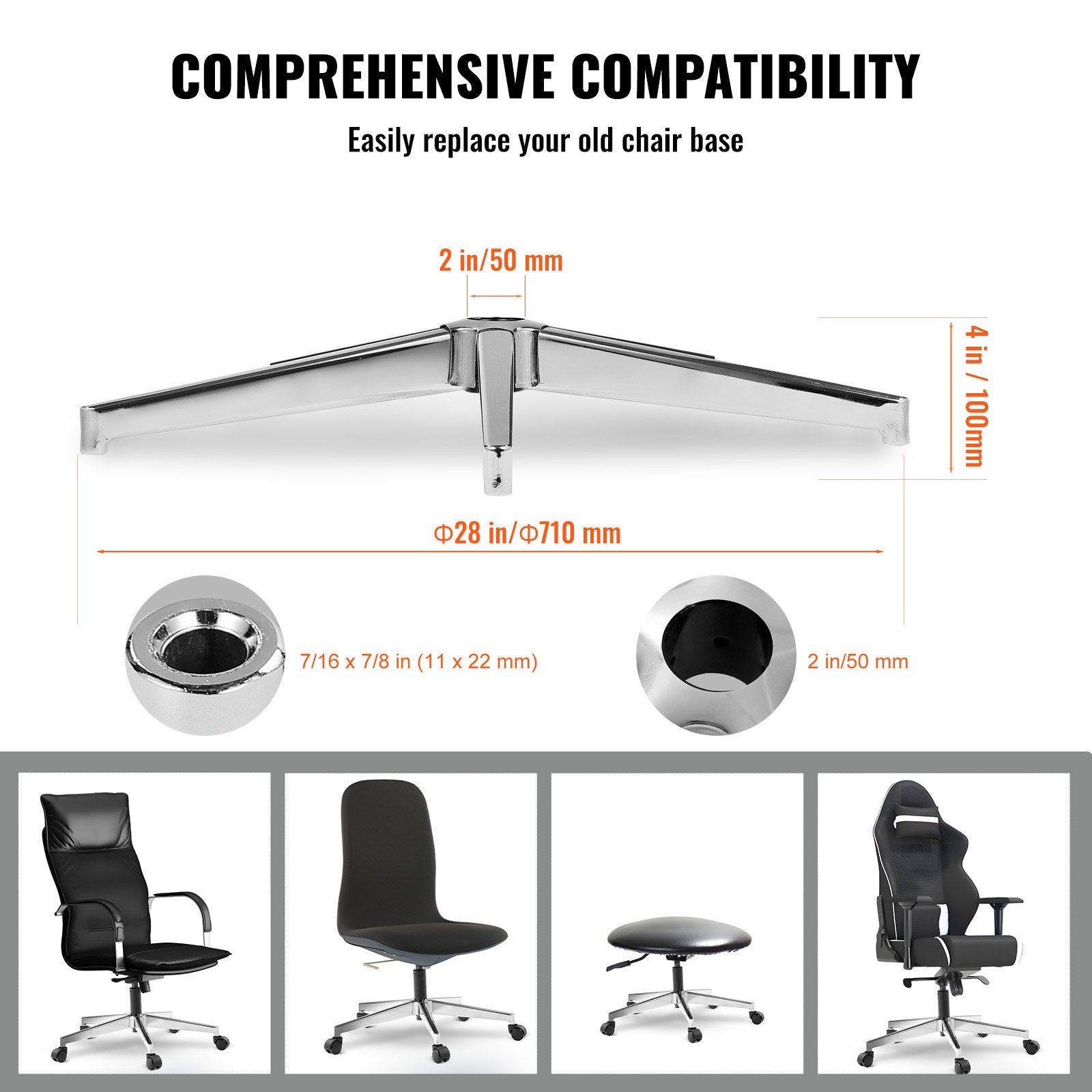 VEVOR Office Chair Base Replacement, 710 mm 1134 kg Static Load Capacity, Heavy Duty Universal Computer Desk Chair Stool Base Part with Reinforced Metal Legs, Desk Chair Base Replacement Parts, Silver