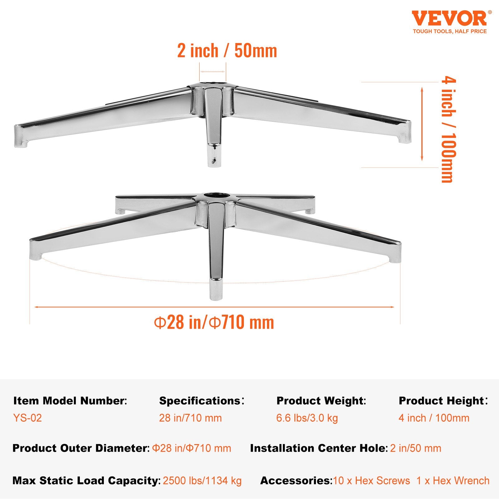 VEVOR Office Chair Base Replacement, 710 mm 1134 kg Static Load Capacity, Heavy Duty Universal Computer Desk Chair Stool Base Part with Reinforced Metal Legs, Desk Chair Base Replacement Parts, Silver