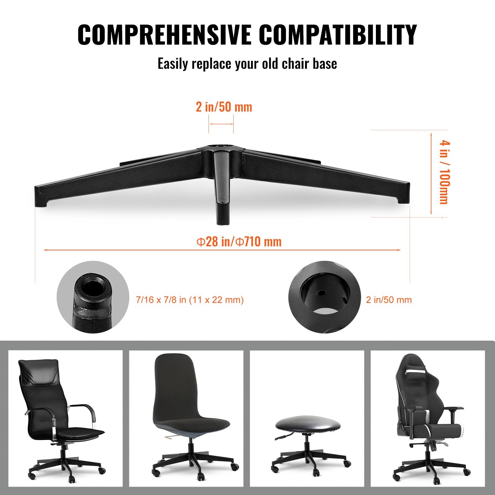 VEVOR Office Chair Base Replacement, 710 mm, 1134 kg Static Load Capacity, Heavy Duty Universal Computer Desk Chair Stool Base Part with Reinforced Metal Legs, Desk Chair Base Replacement Parts, Black