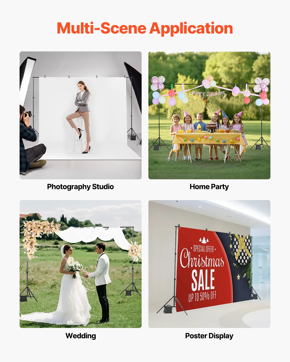VEVOR Backdrop Stand, 198 x 300 cm Adjustable Photo Backdrop Stand Kit, Portable Background Backdrop Stand with 5 Crossbars, Heavy Duty Projector Screen Stand, for Wedding, Photo Video Studio & Party
