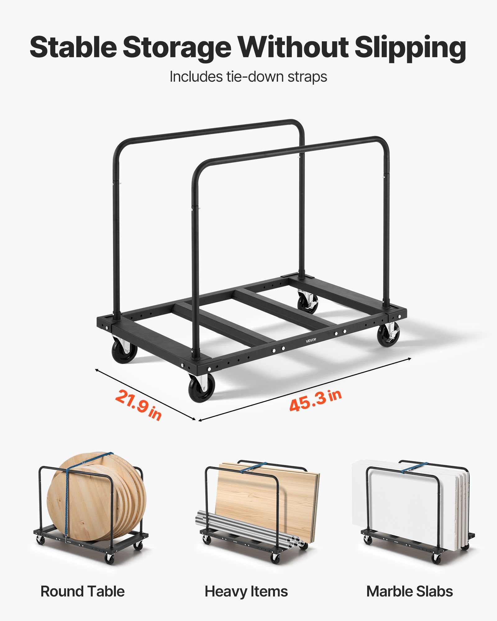 VEVOR Drywall Cart Dolly, 816 kg Load Capacity, Steel Panel Truck Cart with 12.5 mm Swivel Casters, Lumber Drywall Dolly with Tie-Down Strap & 2 Side Handrails for Factory, Warehouse, Garage, Black