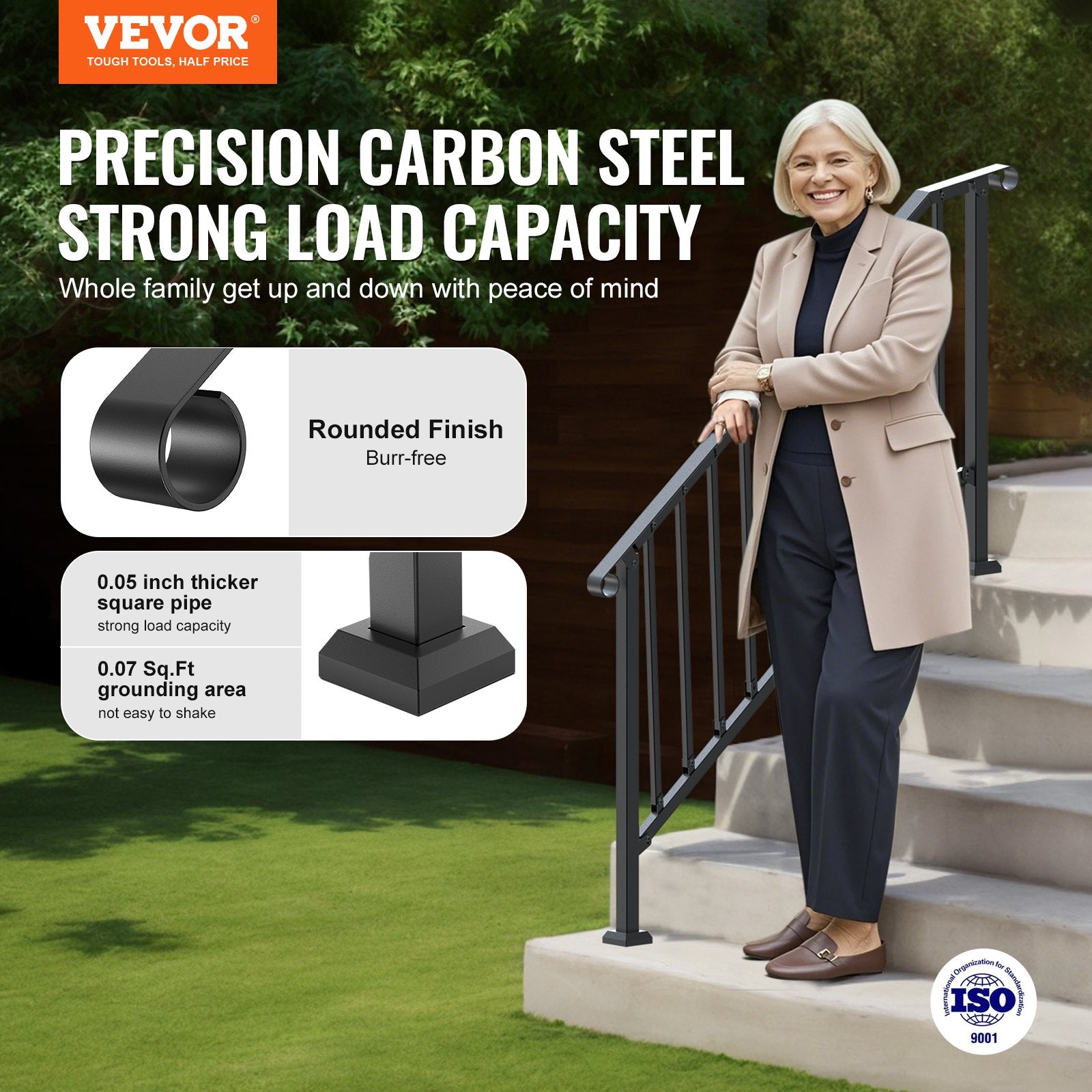 VEVOR Handrails for Outdoor Steps, 5 Step Stair Hand Rail Kit, Transitional Carbon Steel Railings with Installation Kit, Stair Rails for Seniors, Concrete Steps & Porch & Deck, Black Retro Arch