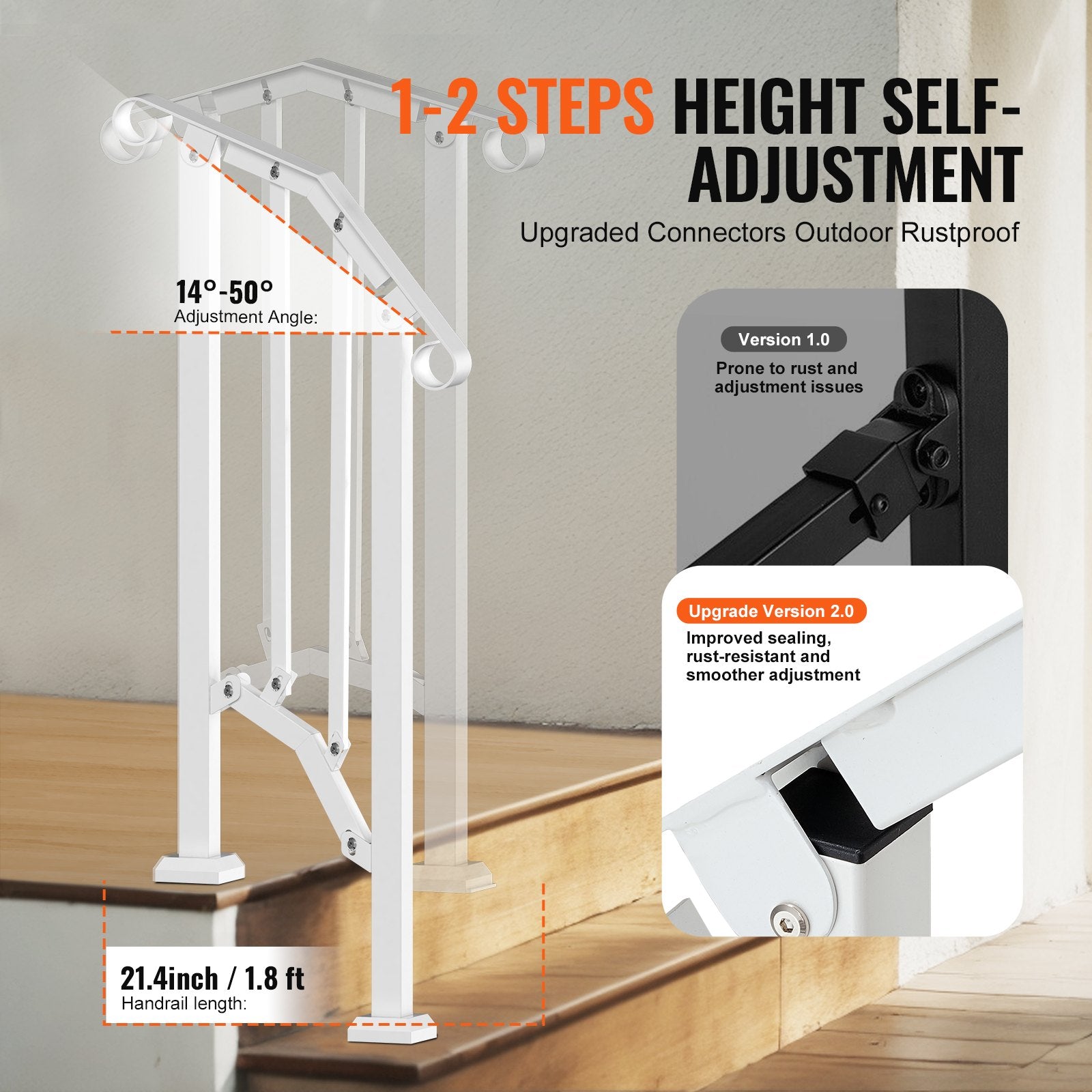 VEVOR Handrails for Outdoor Steps, 1-2 Step Stair Hand Rail Kit, Transitional Carbon Steel Railings with Installation Kit, Stair Rails for Seniors, Concrete Steps & Porch & Deck, White Retro Arch