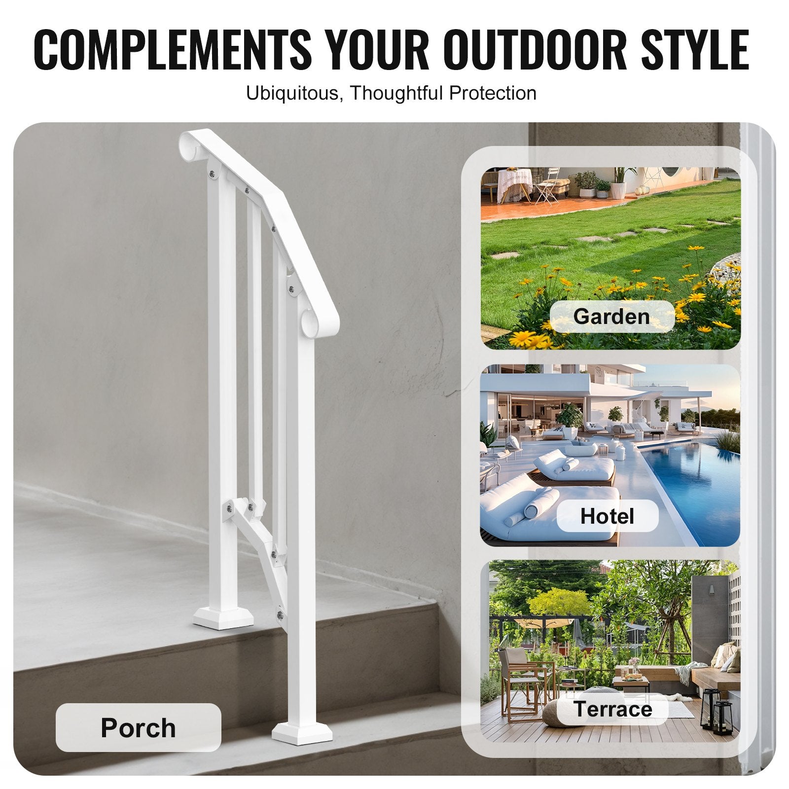 VEVOR Handrails for Outdoor Steps, 1-2 Step Stair Hand Rail Kit, Transitional Carbon Steel Railings with Installation Kit, Stair Rails for Seniors, Concrete Steps & Porch & Deck, White Retro Arch