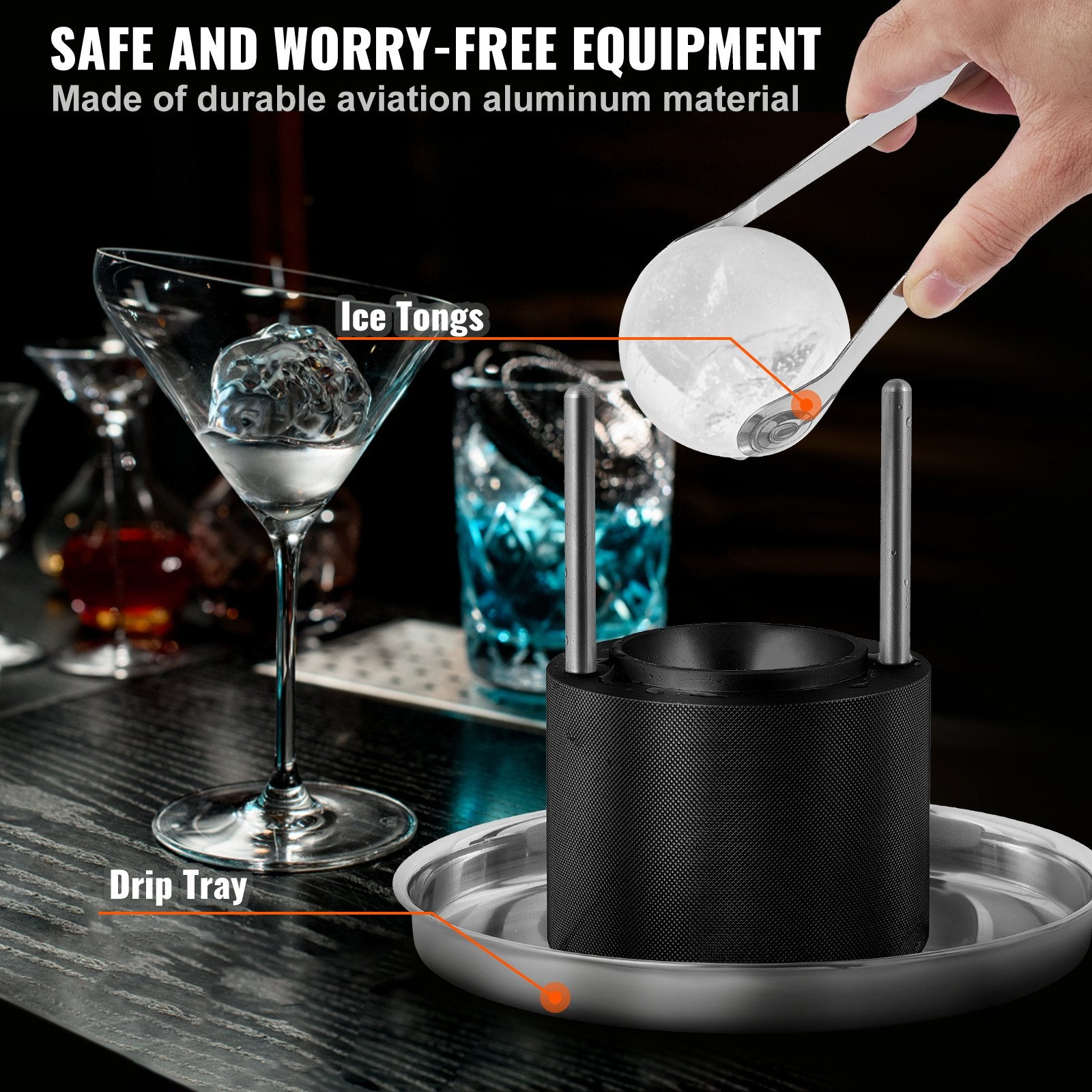 VEVOR Ice Ball Press, 6cm Ice Ball Maker, Aircraft Al Alloy Ice Ball Press Kit for 60mm Ice Sphere, Ice Press with Tong and Drip Tray, for Whiskey, Cocktail, Bourbon, Scot on Party & Holiday, Black