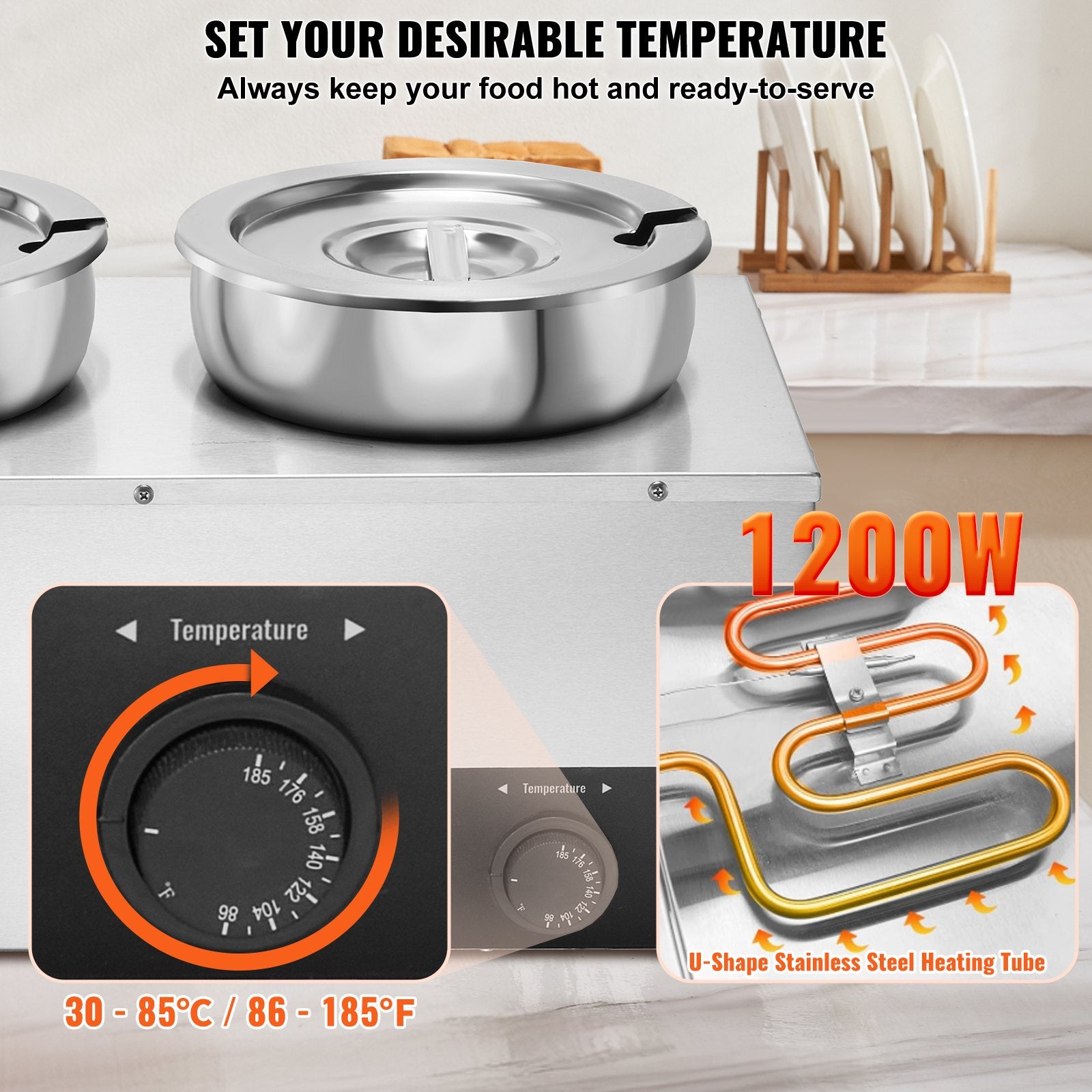 VEVOR Electric Soup Warmer, Three 7.4QT Stainless Steel Round Pot, 1200W Commercial Food Warmer, 30 - 85℃ Adjustable Temp, Bain Marie with Anti-Dry Burn and Reset Button, for Restaurant, Buffet