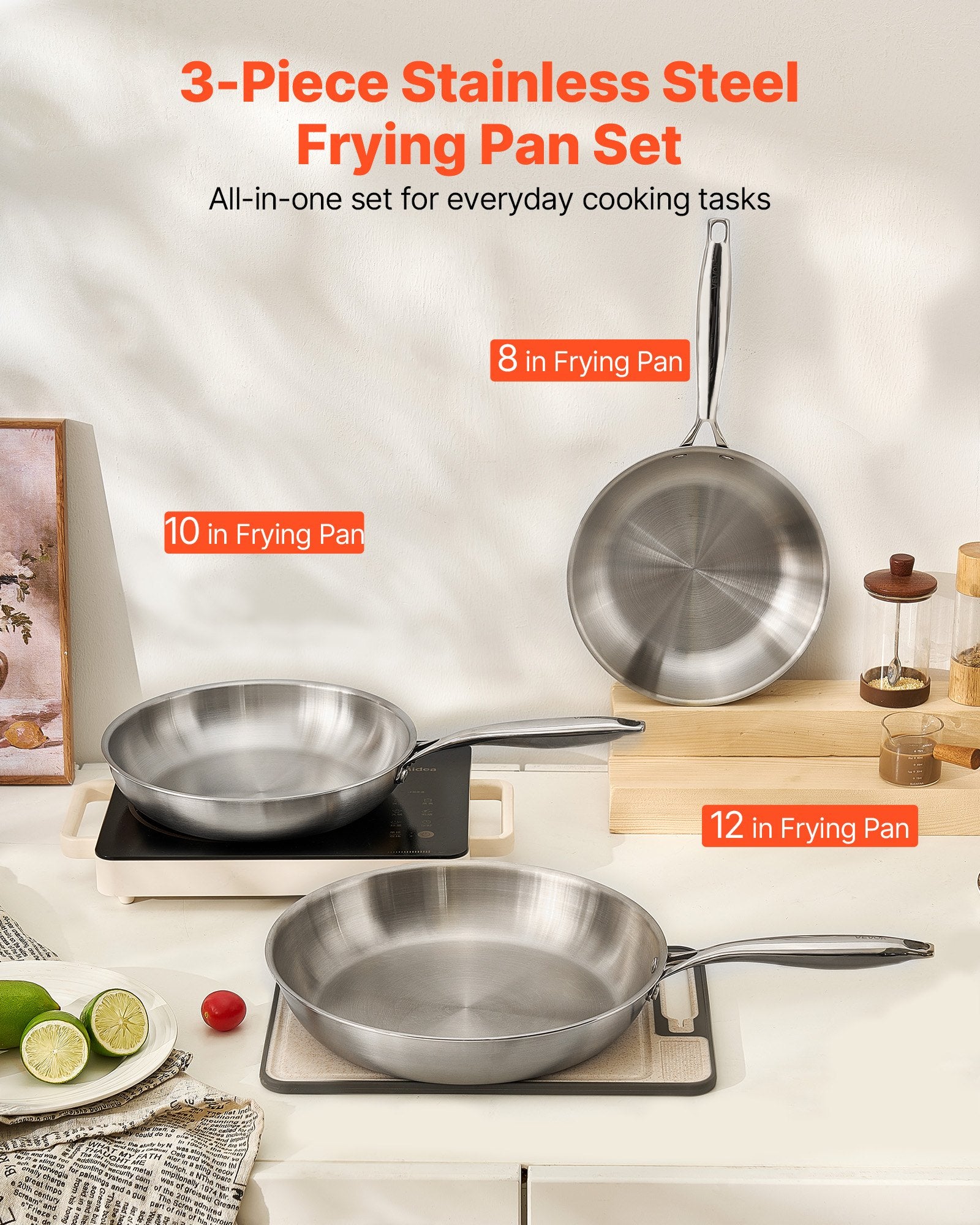 VEVOR Tri-Ply Stainless Steel Frying Pan, 3 Piece 240, 280, 320 mm , Cooking Skillet with Heat-Resistant Handle, Chef's Kitchen Cookware, Oven, Gas, Electric, Induction, Dishwasher Compatible, Silver