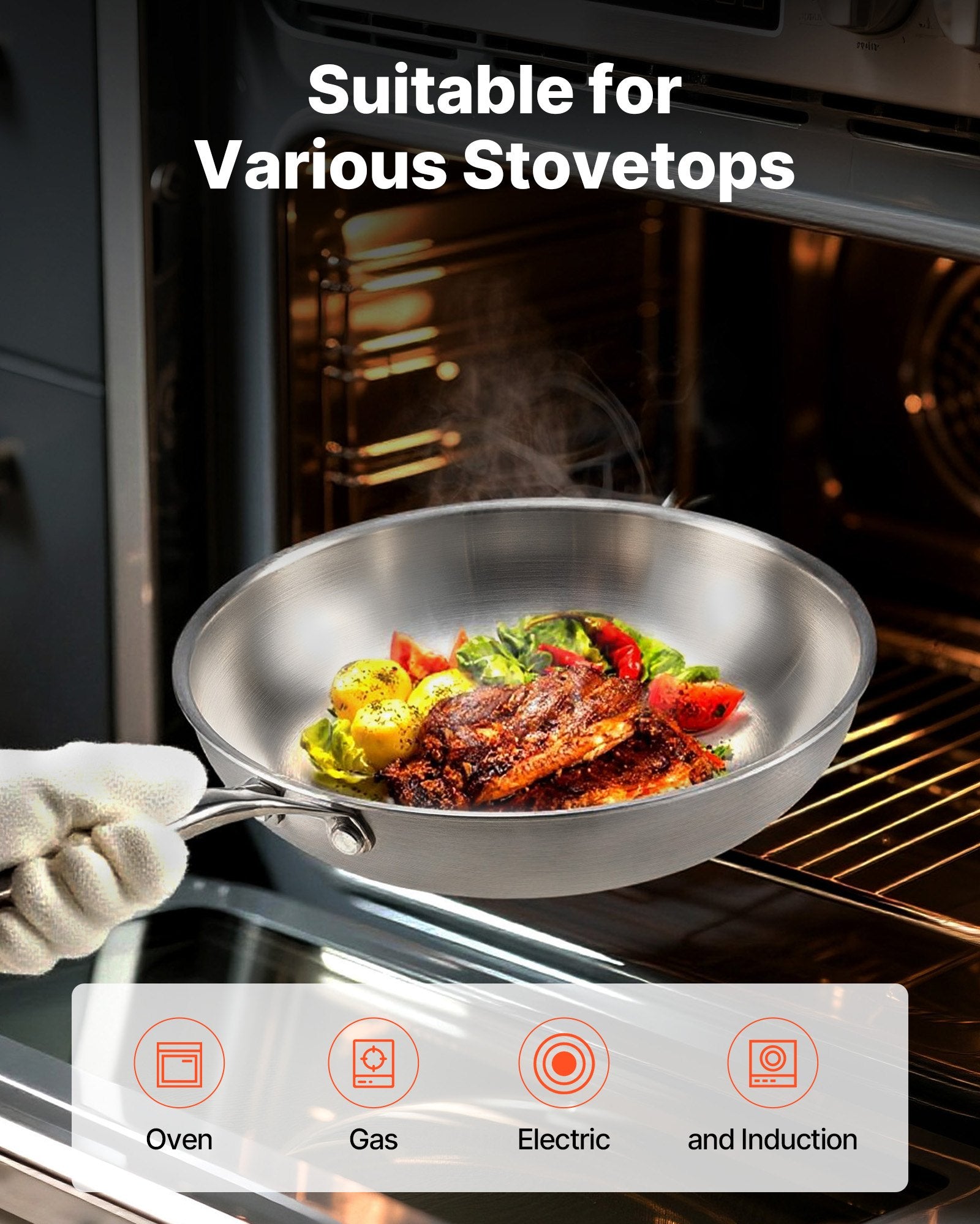 VEVOR Tri-Ply Stainless Steel Frying Pan, 3 Piece 240, 280, 320 mm , Cooking Skillet with Heat-Resistant Handle, Chef's Kitchen Cookware, Oven, Gas, Electric, Induction, Dishwasher Compatible, Silver