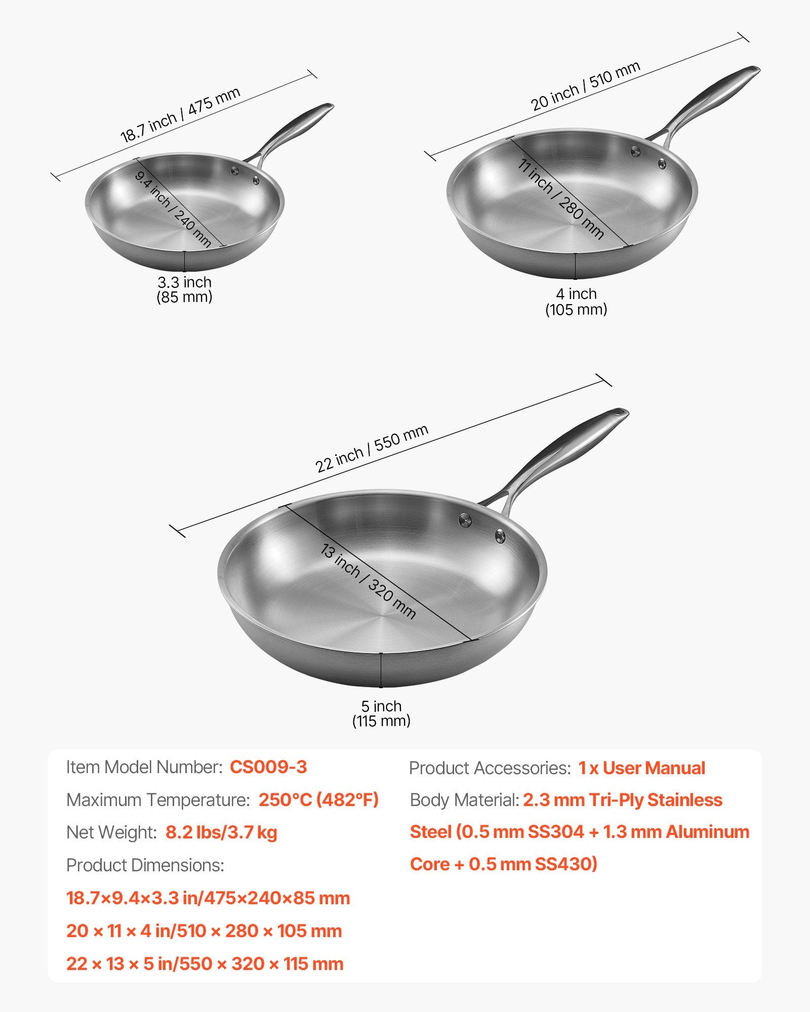 VEVOR Tri-Ply Stainless Steel Frying Pan, 3 Piece 240, 280, 320 mm , Cooking Skillet with Heat-Resistant Handle, Chef's Kitchen Cookware, Oven, Gas, Electric, Induction, Dishwasher Compatible, Silver