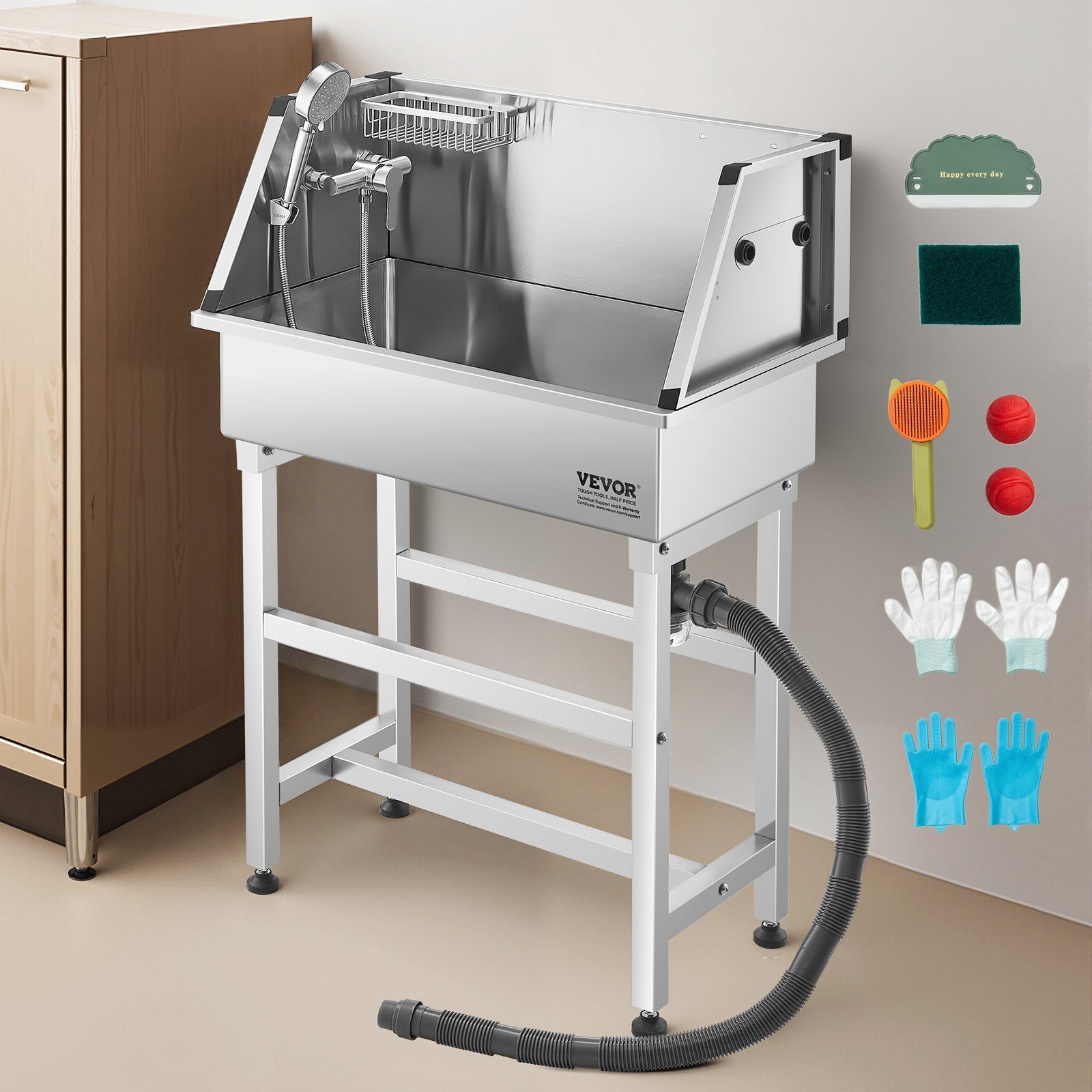 VEVOR 86.4 cm Stainless Steel Dog Washing Station, Pet Grooming Tub with Hot & Cold Faucet, Showerhead, Storage Rack, No-Bend All-in-One Bathtub, Home Wash Sink, Fits Small Cats and Dogs