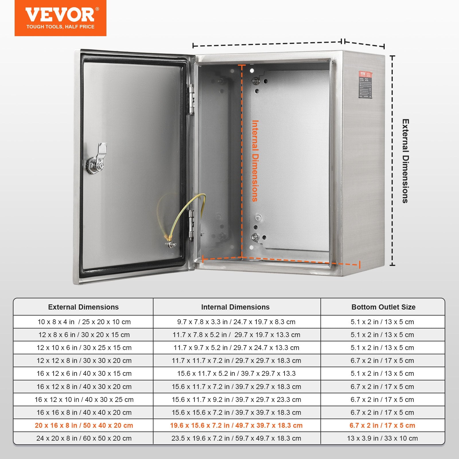 VEVOR Steel Electrical Box, 50x40x20 cm, 304 Stainless Steel Electrical Enclosure Box, Wall-Mounted Outdoor Electrical Electronic Equipment Enclosure with Mounting Plate Hinges Lock, IP66 Waterproof