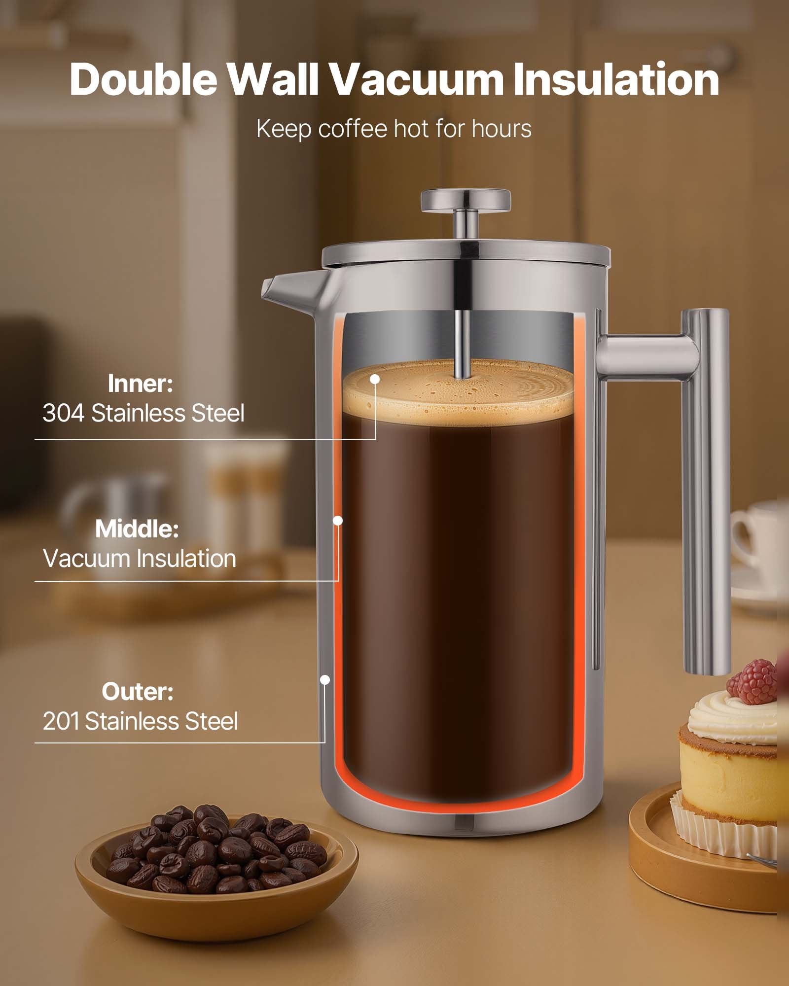 VEVOR French Press Coffee Maker, 1.5 Liter Stainless Steel Coffee Press Tea Maker with Filter, Large Double Wall Insulated French Presses Cold Brew for Camping Travel Home Kitchen, Silver