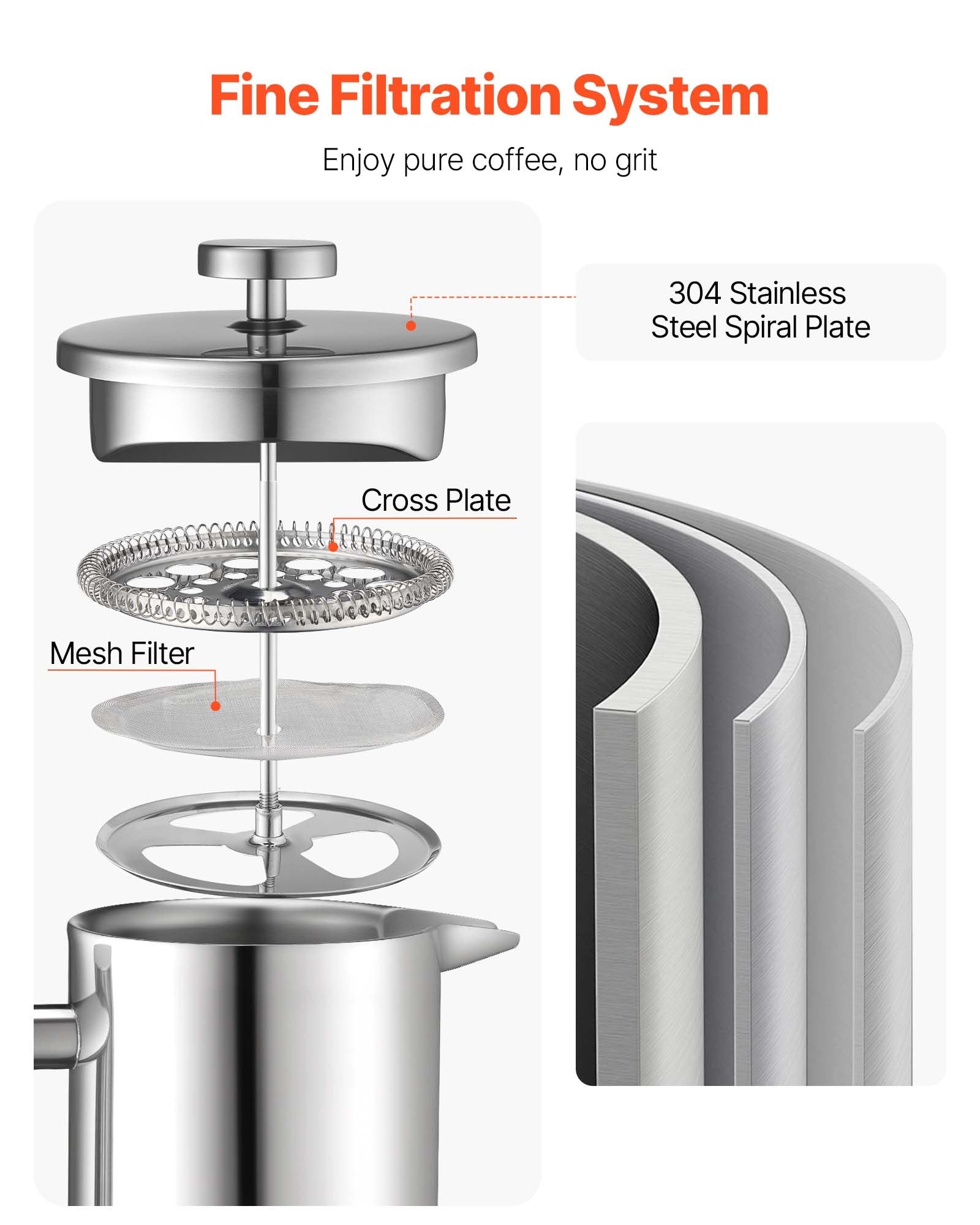 VEVOR French Press Coffee Maker, 1.5 Liter Stainless Steel Coffee Press Tea Maker with Filter, Large Double Wall Insulated French Presses Cold Brew for Camping Travel Home Kitchen, Silver