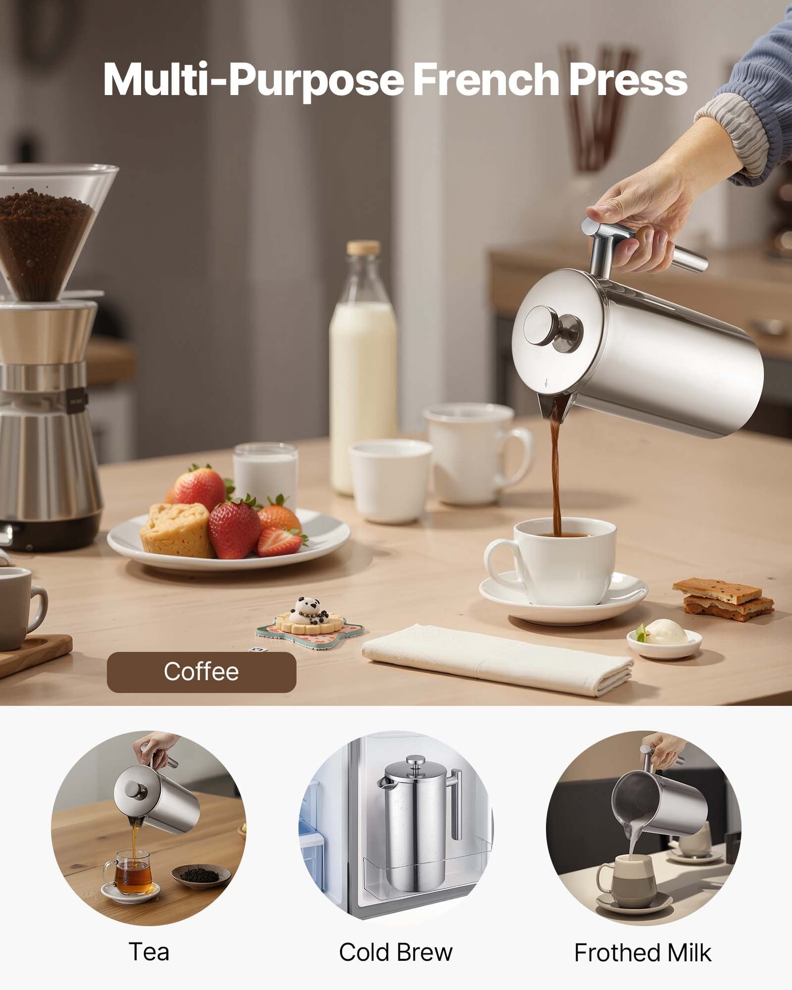 VEVOR French Press Coffee Maker, 1.5 Liter Stainless Steel Coffee Press Tea Maker with Filter, Large Double Wall Insulated French Presses Cold Brew for Camping Travel Home Kitchen, Silver