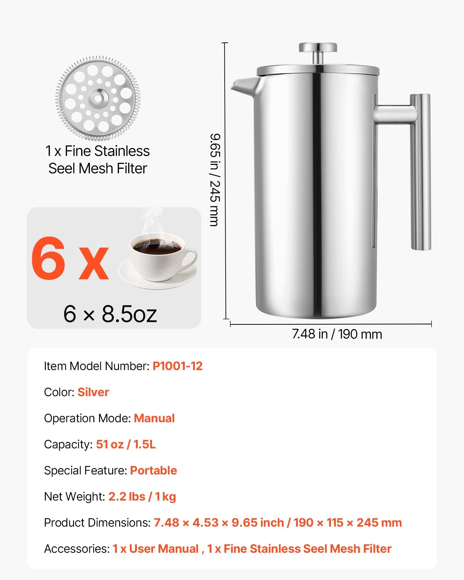 VEVOR French Press Coffee Maker, 1.5 Liter Stainless Steel Coffee Press Tea Maker with Filter, Large Double Wall Insulated French Presses Cold Brew for Camping Travel Home Kitchen, Silver