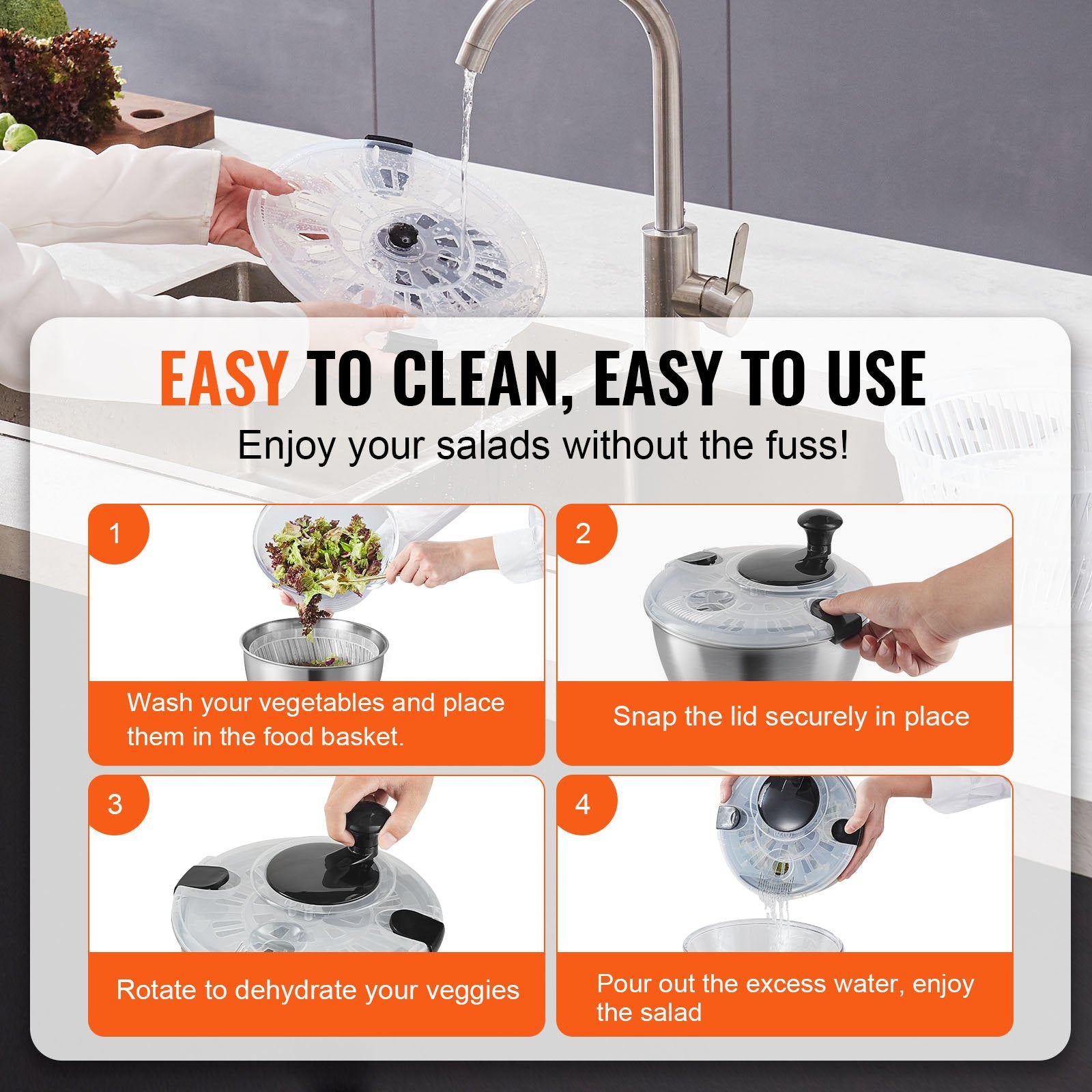VEVOR Stainless Steel Salad Spinner, 4.5L, One-handed Easy Press Large Vegetable Dryer Washer, Lettuce Cleaner and Dryer with 304 Stainless Steel Bowl, for Greens, Herbs, Berries, Fruits, No BPA
