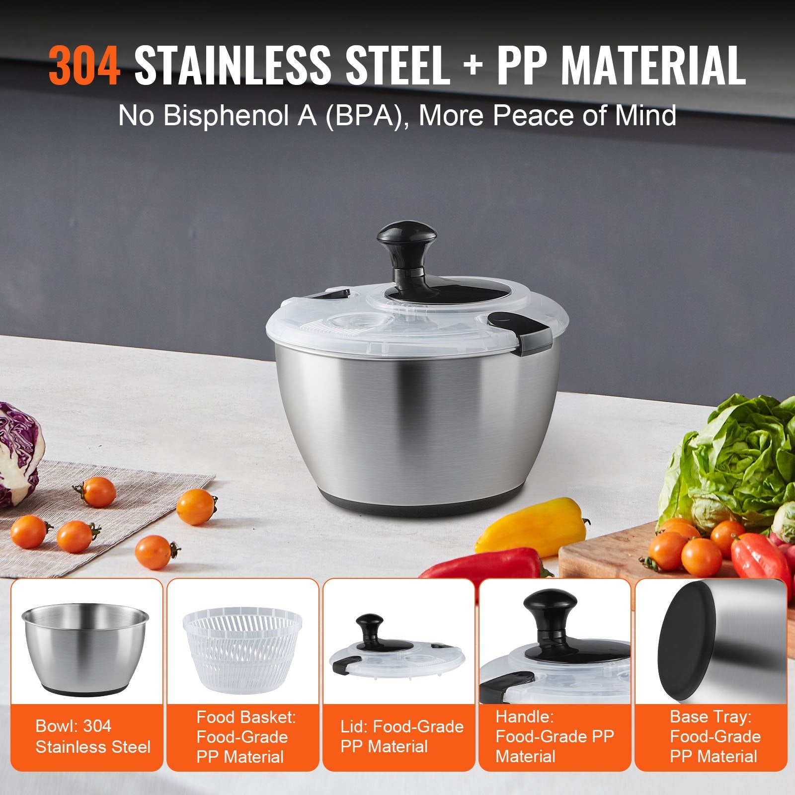 VEVOR Stainless Steel Salad Spinner, 4.5L, One-handed Easy Press Large Vegetable Dryer Washer, Lettuce Cleaner and Dryer with 304 Stainless Steel Bowl, for Greens, Herbs, Berries, Fruits, No BPA