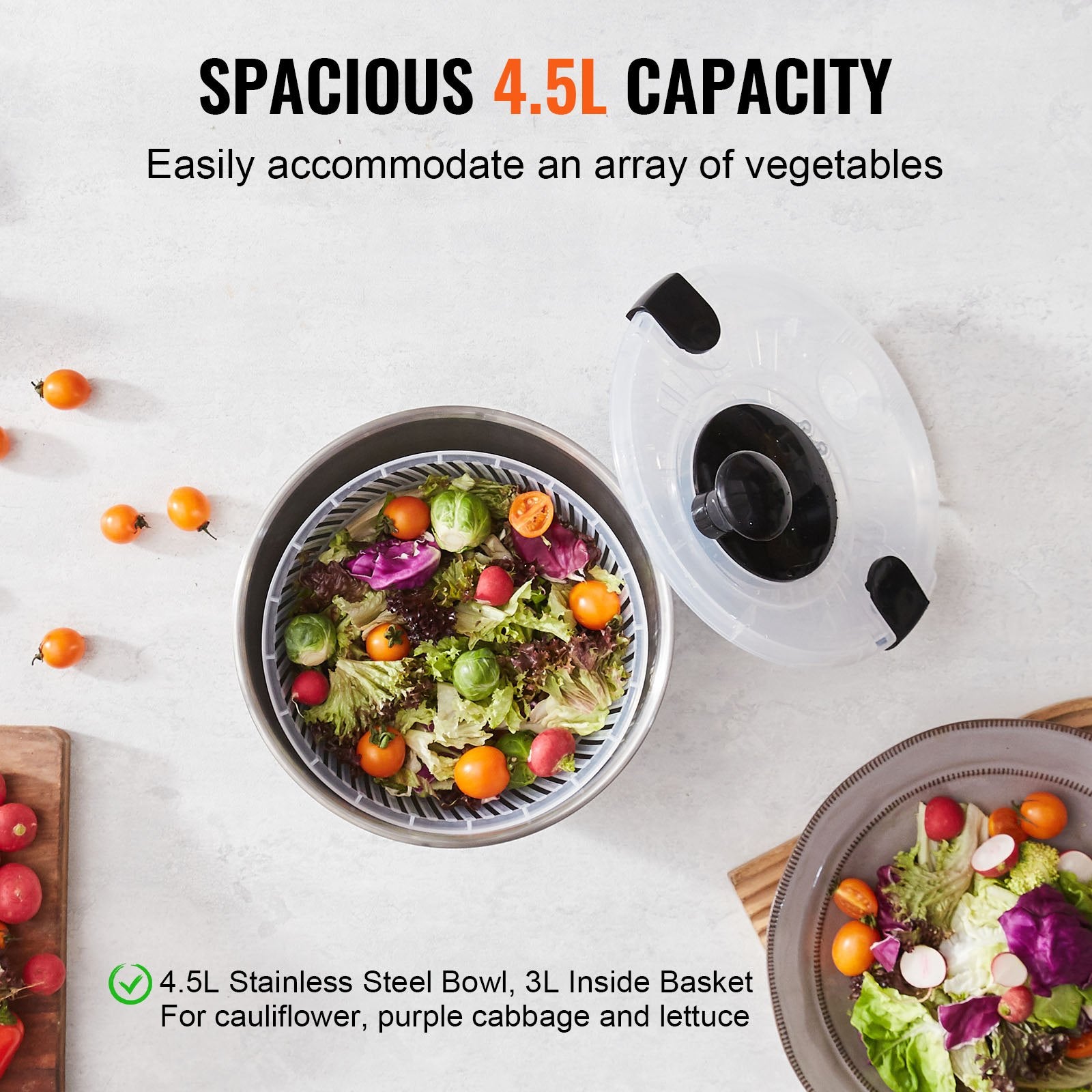 VEVOR Stainless Steel Salad Spinner, 4.5L, One-handed Easy Press Large Vegetable Dryer Washer, Lettuce Cleaner and Dryer with 304 Stainless Steel Bowl, for Greens, Herbs, Berries, Fruits, No BPA