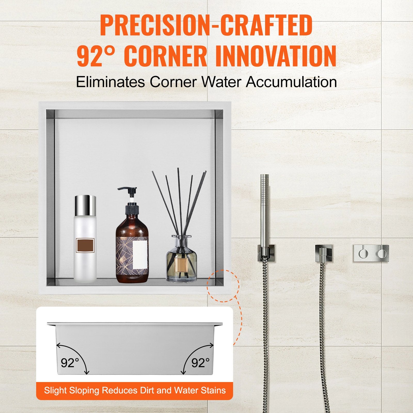 VEVOR 33.02 x 33.02 cm No Tile Shower Niche 304 Stainless Steel, Wall-Inserted Niche Recessed Double Shelves, Sealed Waterproof Rust-Resistant Modern Niche for Shower Bathroom Soap Storage, Silver