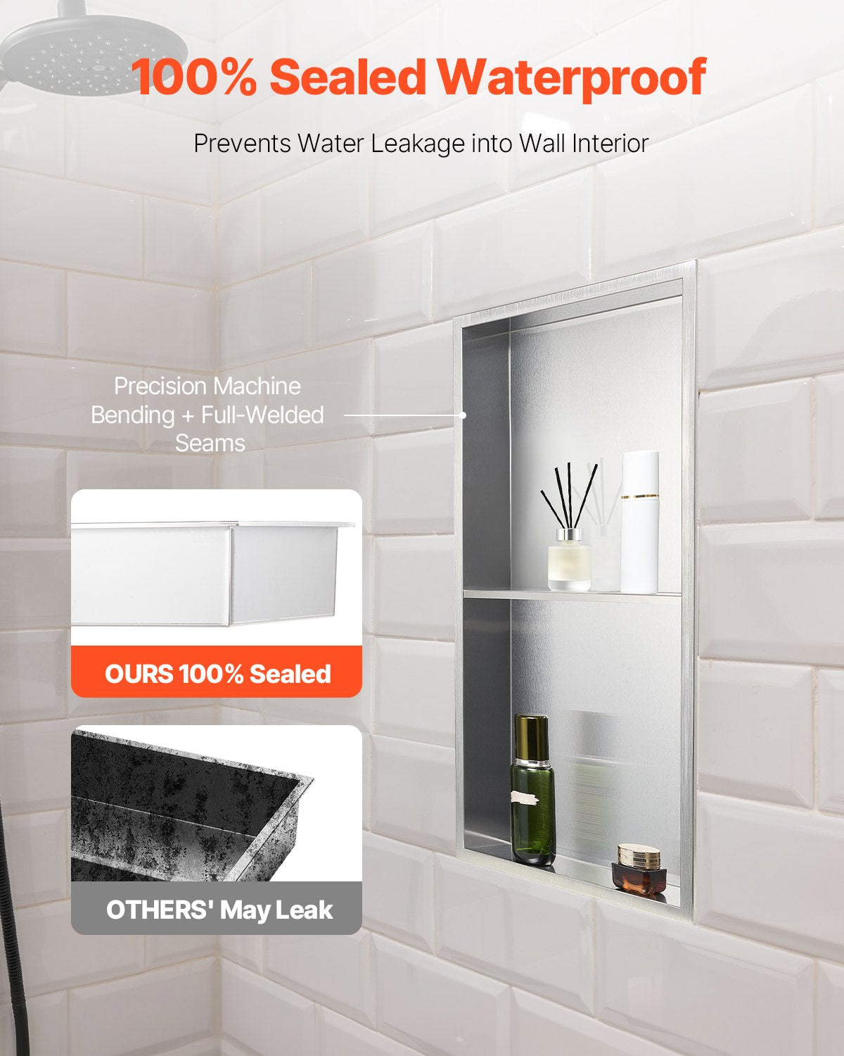 VEVOR Shower Niche, 33.0 x 63.5 x 10.2 cm Recessed Wall Niche Double-layer, with Hollowed-out Divider, Heavy-duty Stainless Steel Modern Shampoo Storage Organizer, Waterproof, Silver for Bathroom