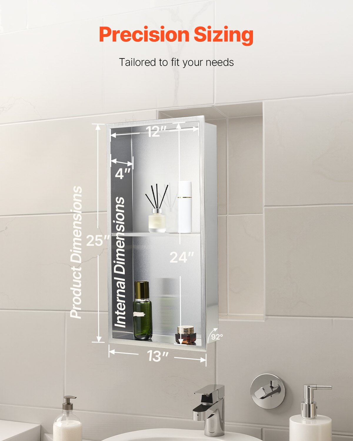 VEVOR Shower Niche, 33.0 x 63.5 x 10.2 cm Recessed Wall Niche Double-layer, with Hollowed-out Divider, Heavy-duty Stainless Steel Modern Shampoo Storage Organizer, Waterproof, Silver for Bathroom