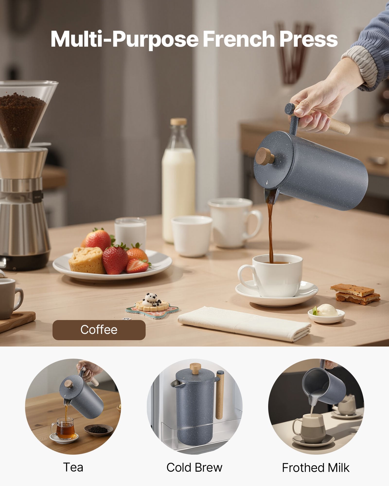 VEVOR French Press Coffee Maker, 1 Liter Stainless Steel Coffee Press Tea Maker with Filter, Large Double Wall Insulated French Presses Cold Brew for Camping Travel Home Kitchen, Black