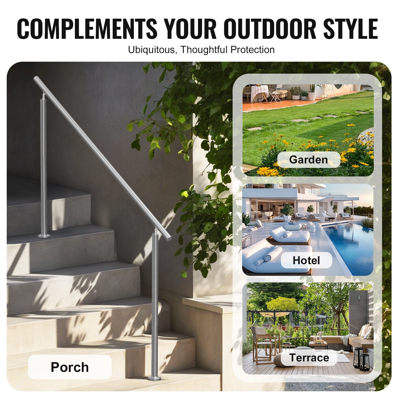 VEVOR Handrails for Outdoor Steps, 59 in/ 150cm Length Stair Hand Rail Kit, Transitional Stainless Steel Railings with Installation Kit, Double-column Staircase Handrails for Seniors,Porch & Deck