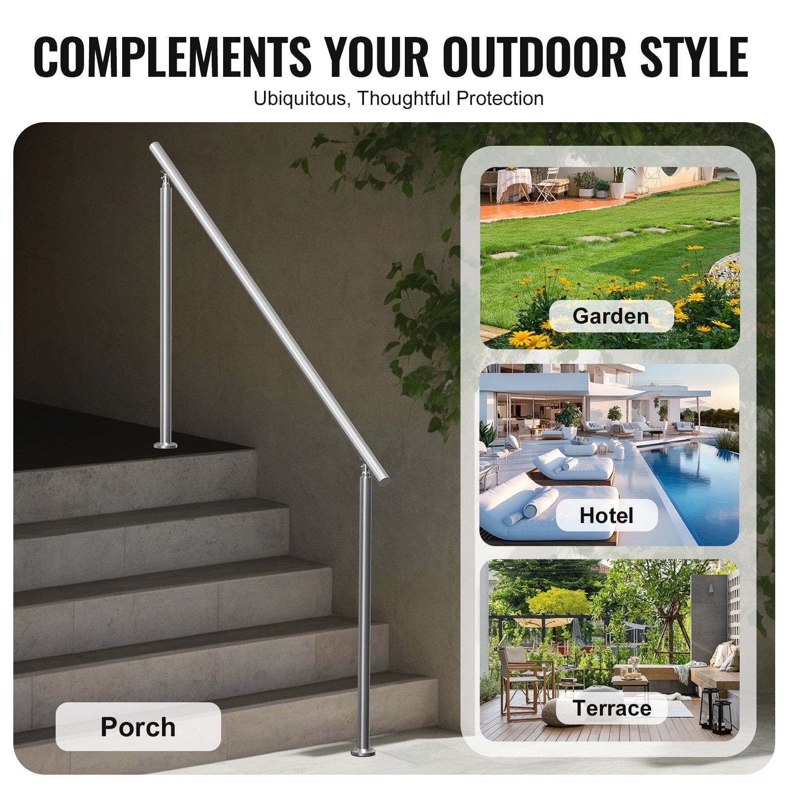 VEVOR Handrails for Outdoor Steps, 70.9 in/ 180cm Length Stair Hand Rail Kit, Transitional Stainless Steel Railings with Installation Kit, Double-column Staircase Handrails for Seniors,Porch & Deck